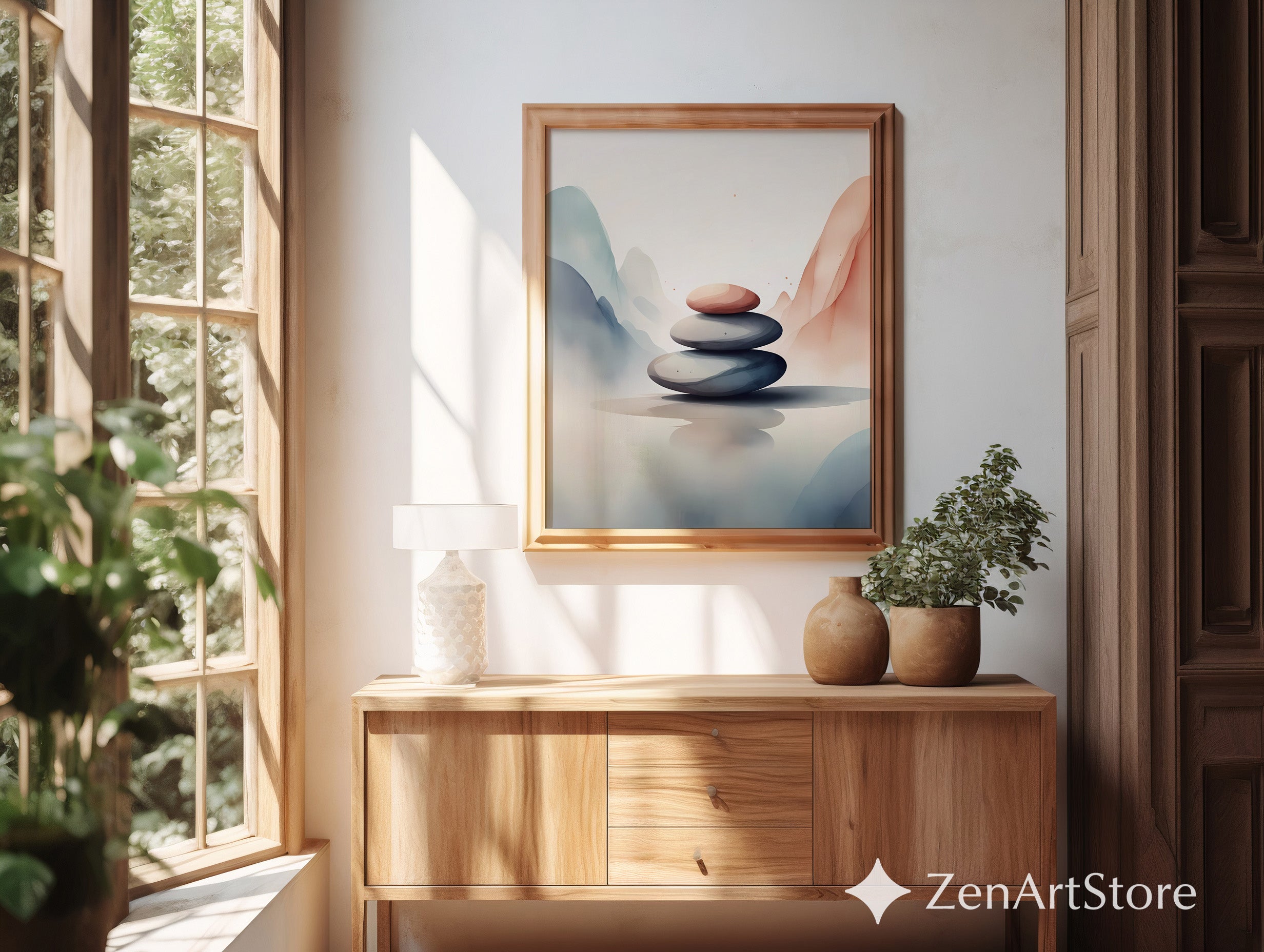 Zen Stone Stack Wall Art - Minimal Neutral Abstract Landscape Print, Japandi Wabi Sabi Home Decor