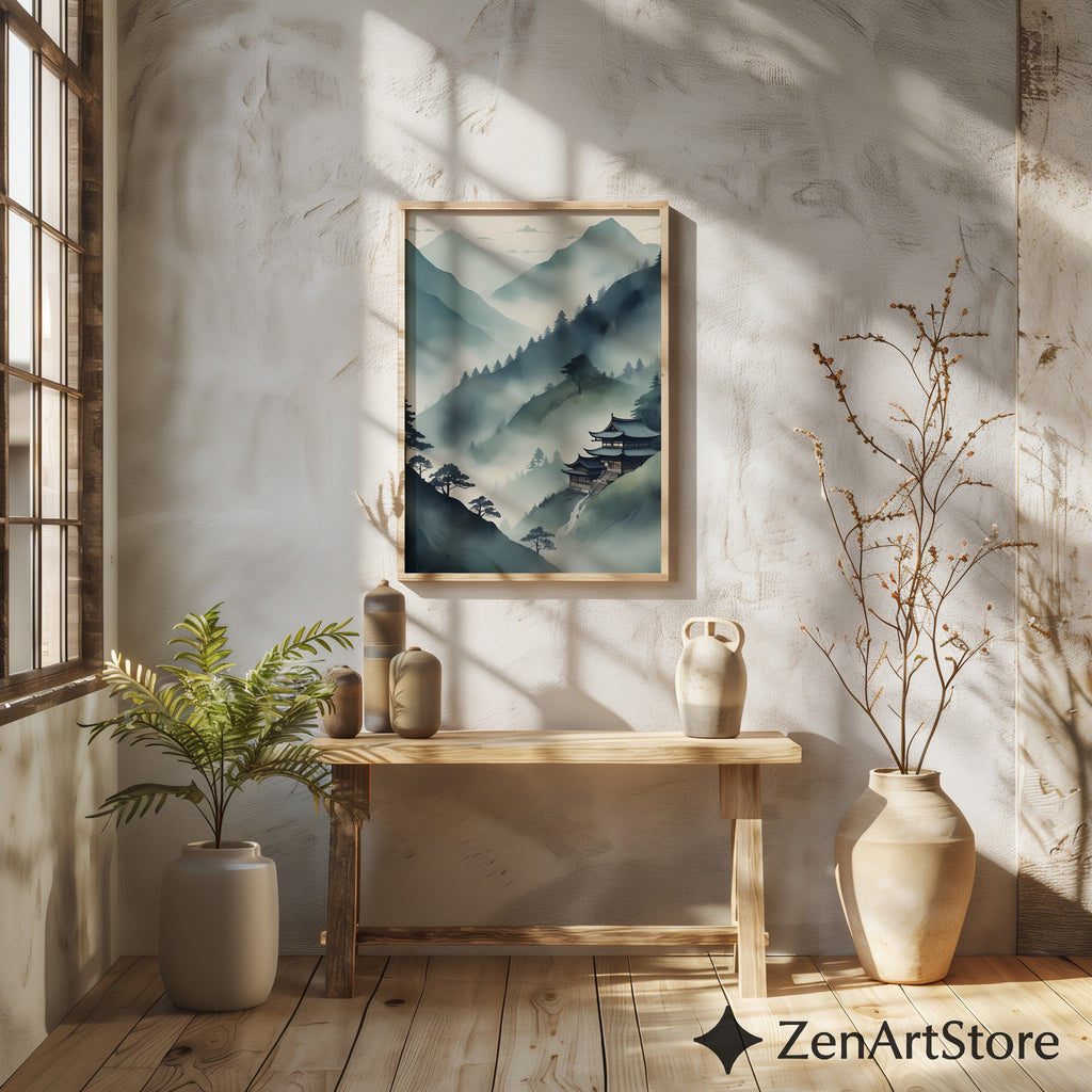 Misty Mountain Temple Wall Art - Zen Japandi Japanese Landscape Print - Minimal Wabi Sabi Home Decor