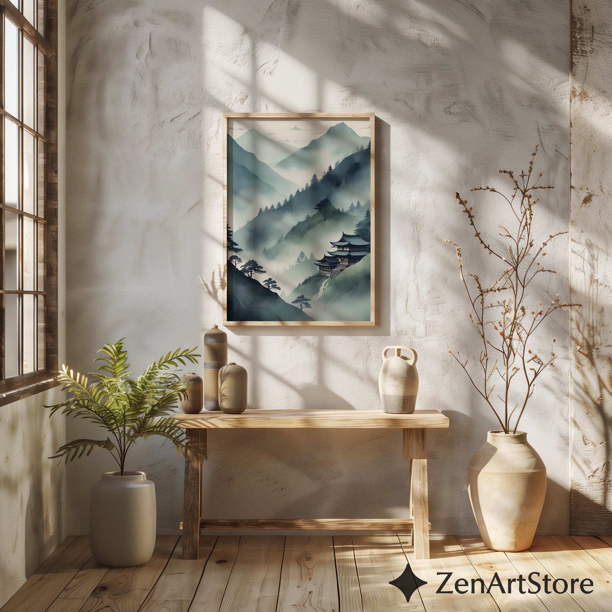 Misty Mountain Temple Wall Art - Zen Japandi Japanese Landscape Print - Minimal Wabi Sabi Home Decor