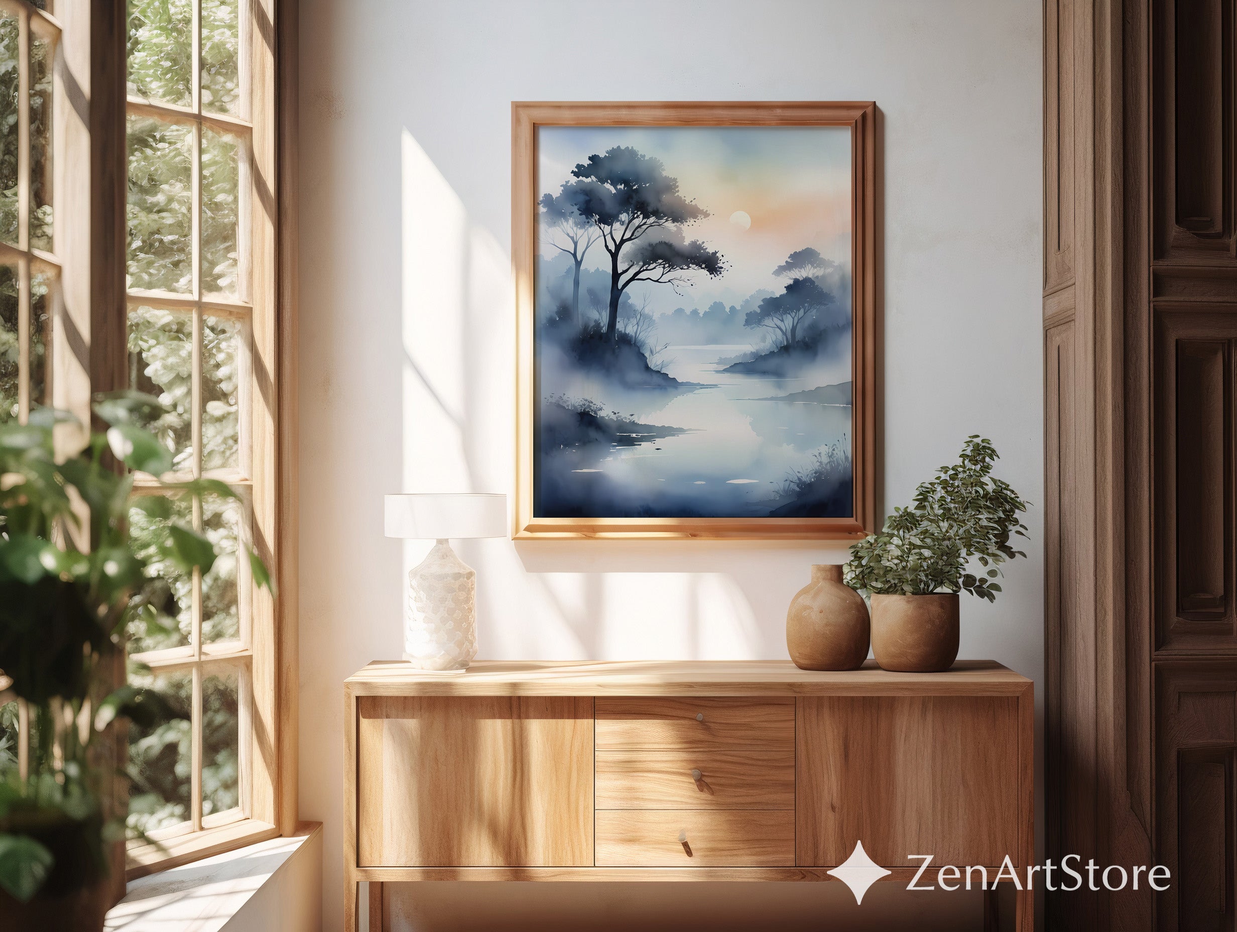 Misty Lake Sunrise Watercolor Print - Calm Zen Landscape Wall Art for Living Room, Bedroom, Japandi Minimalist Decor