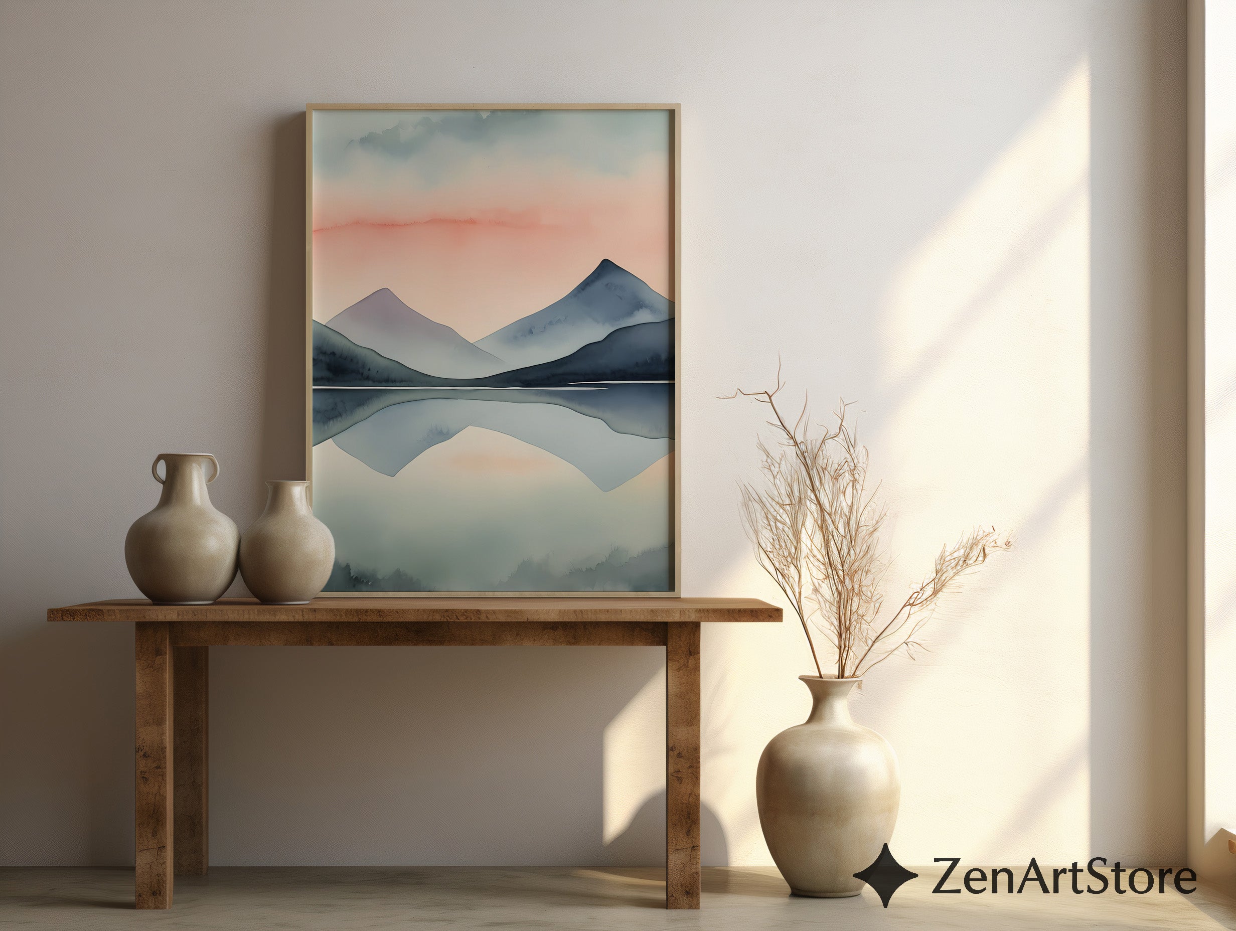 Minimal Mountain Watercolor Print - Pastel Sunset Reflection Zen Japandi Scandinavian Wall Art