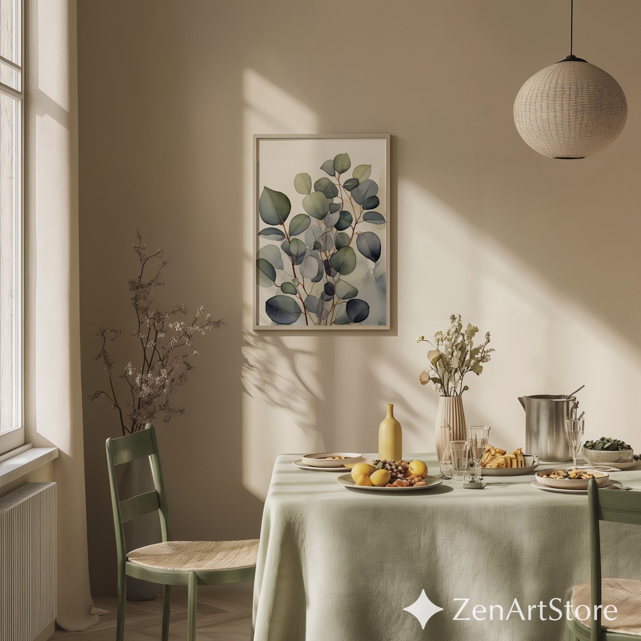 Eucalyptus Botanical Wall Art Print - Neutral Minimalist Scandinavian Japandi Watercolor Line Art, Printable & Fine Art