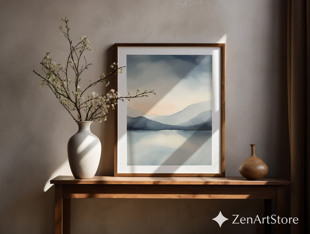 Zen Minimal Japanese Mountain Lake Printable Wall Art - Calm Abstract Landscape