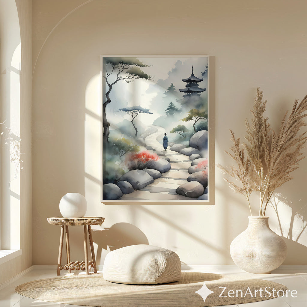 Misty Pagoda Path Watercolor Art Print - Zen Japanese Landscape, Japandi Minimal Wall Art for Living Room, Bedroom, Meditation Space