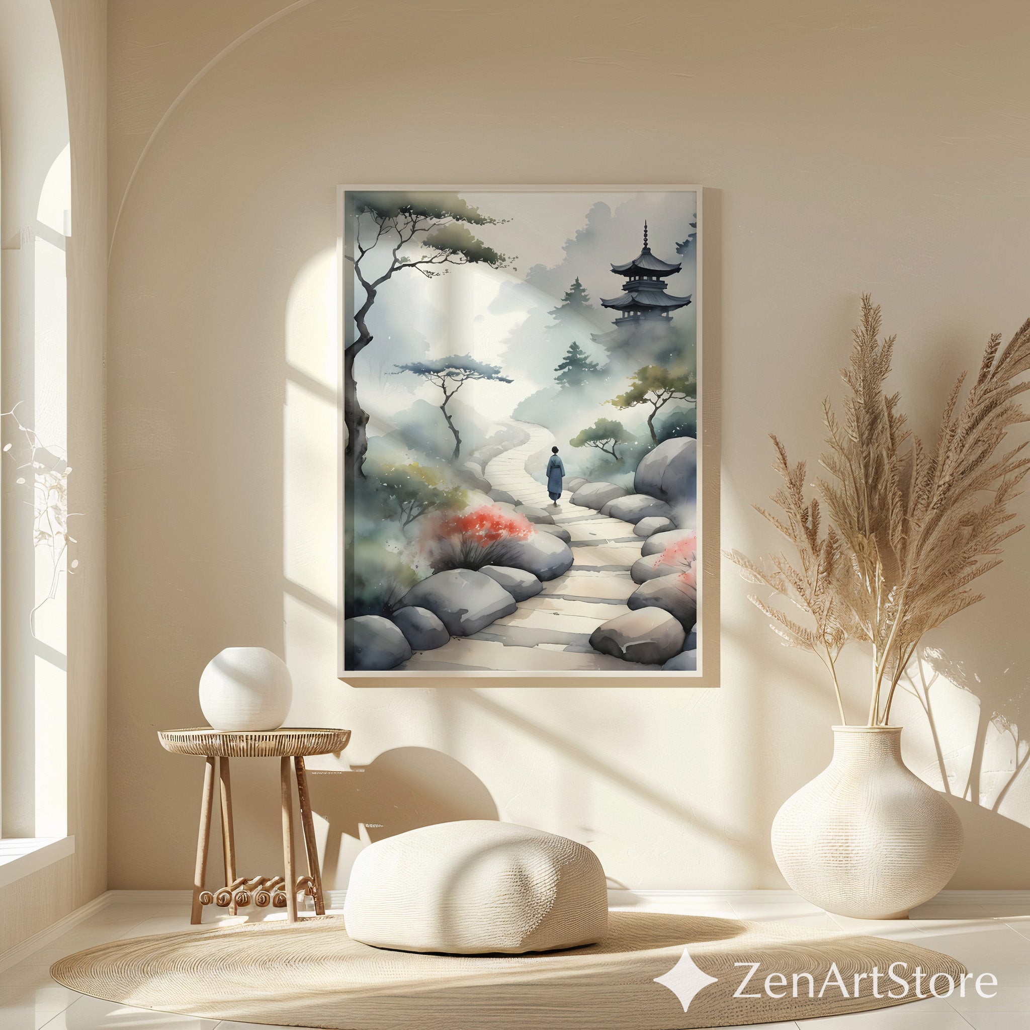 Misty Pagoda Path Watercolor Art Print - Zen Japanese Landscape, Japandi Minimal Wall Art for Living Room, Bedroom, Meditation Space