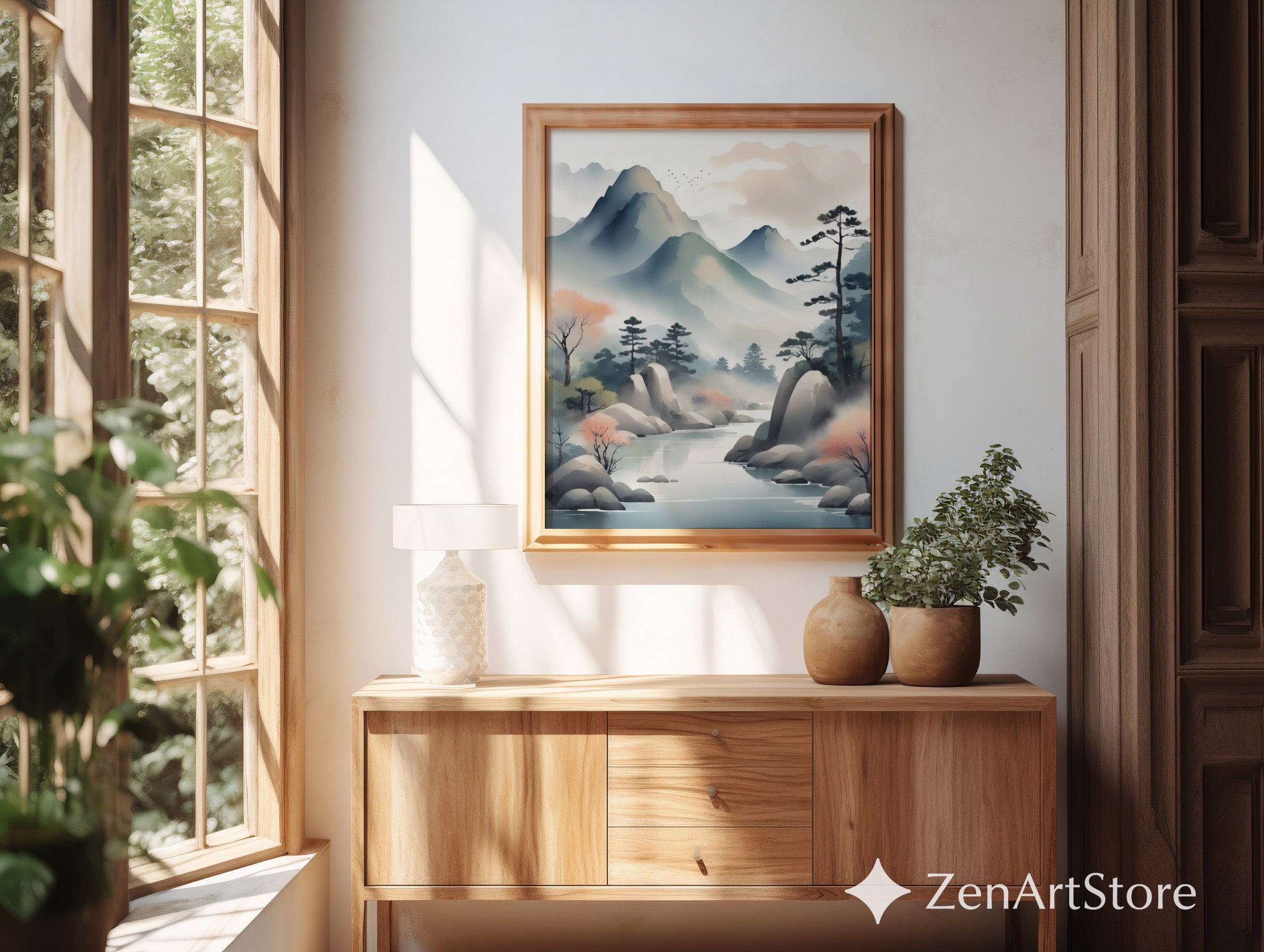 Misty Mountain River Watercolor Print - Japandi Zen Landscape Art for Minimal Neutral Home Decor