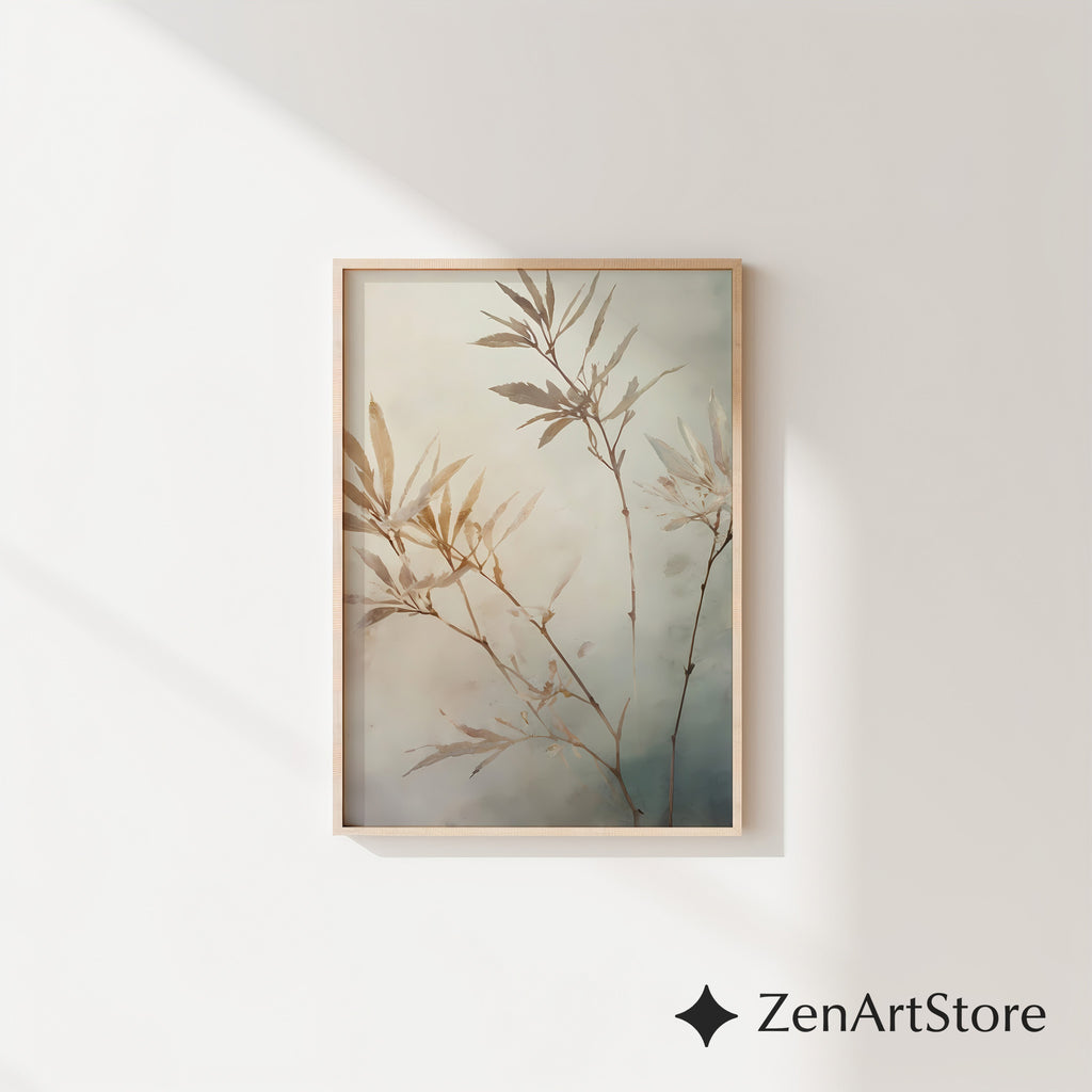 Neutral Botanical Wall Art Print - Japandi Minimalist Plant Painting, Beige Wabi Sabi Home Decor