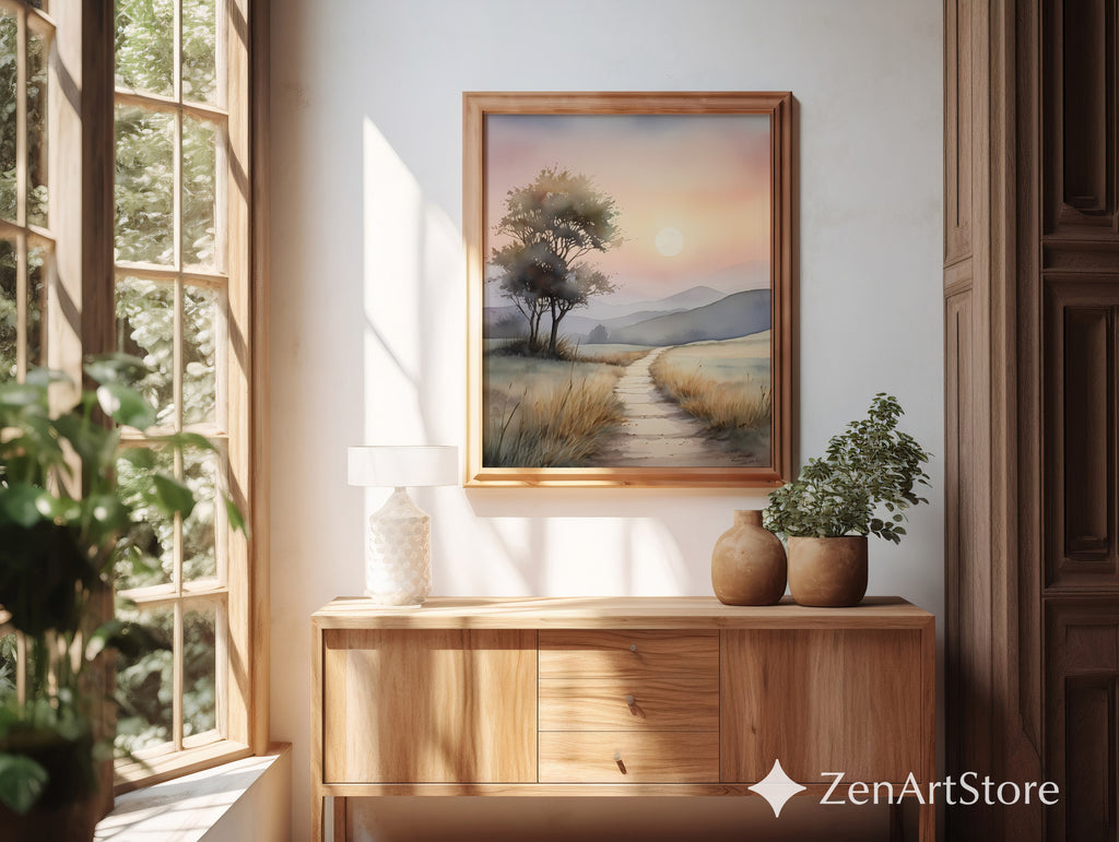 Serene Sunrise Path Watercolor Print - Minimal Neutral Landscape Wall Art for Living Room & Bedroom