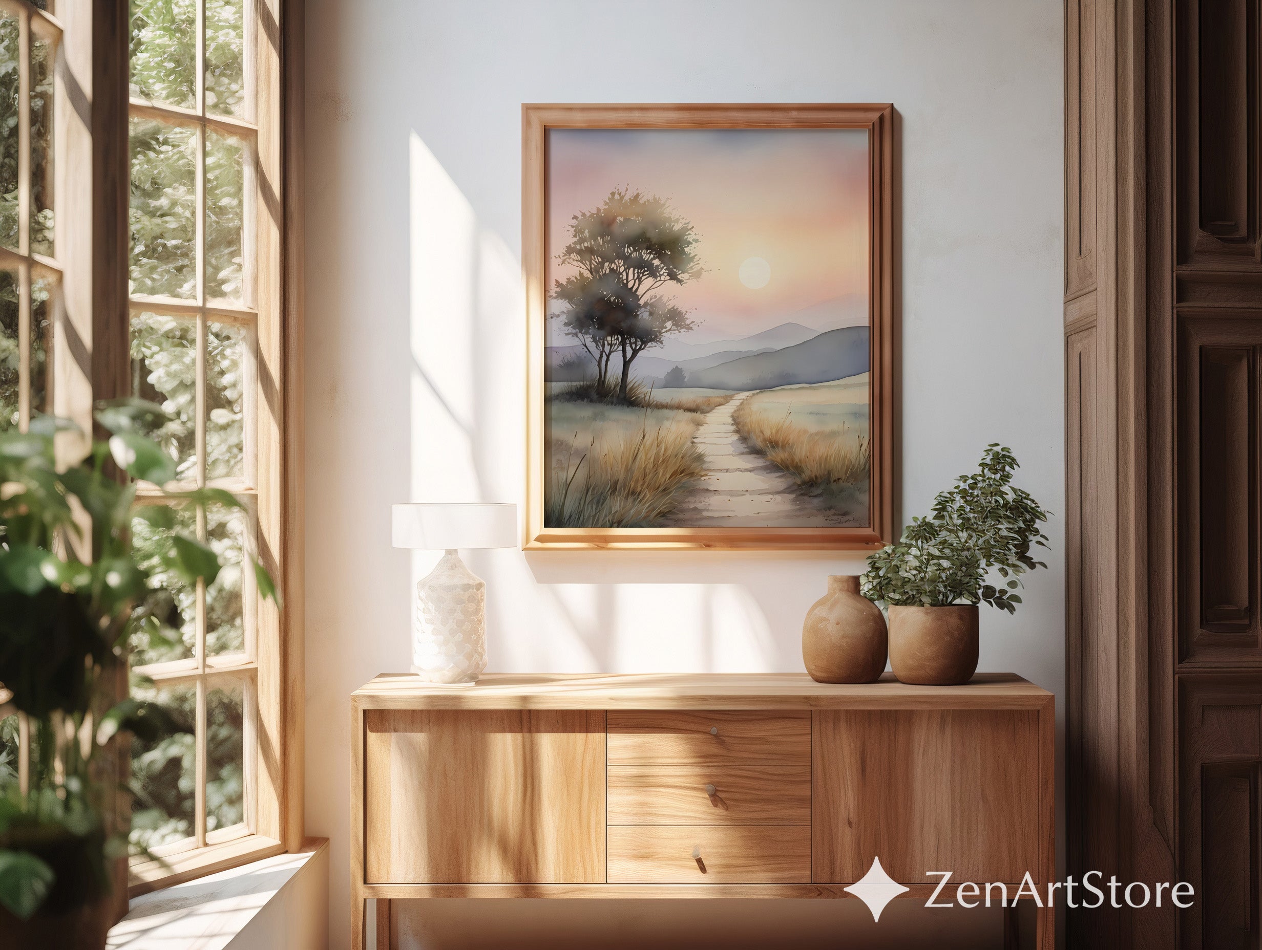 Serene Sunrise Path Watercolor Print - Minimal Neutral Landscape Wall Art for Living Room & Bedroom