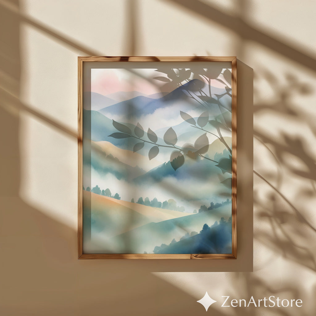 Misty Mountain Pastel Wall Art | Japandi Zen Landscape Print for Calm Minimal Home Decor