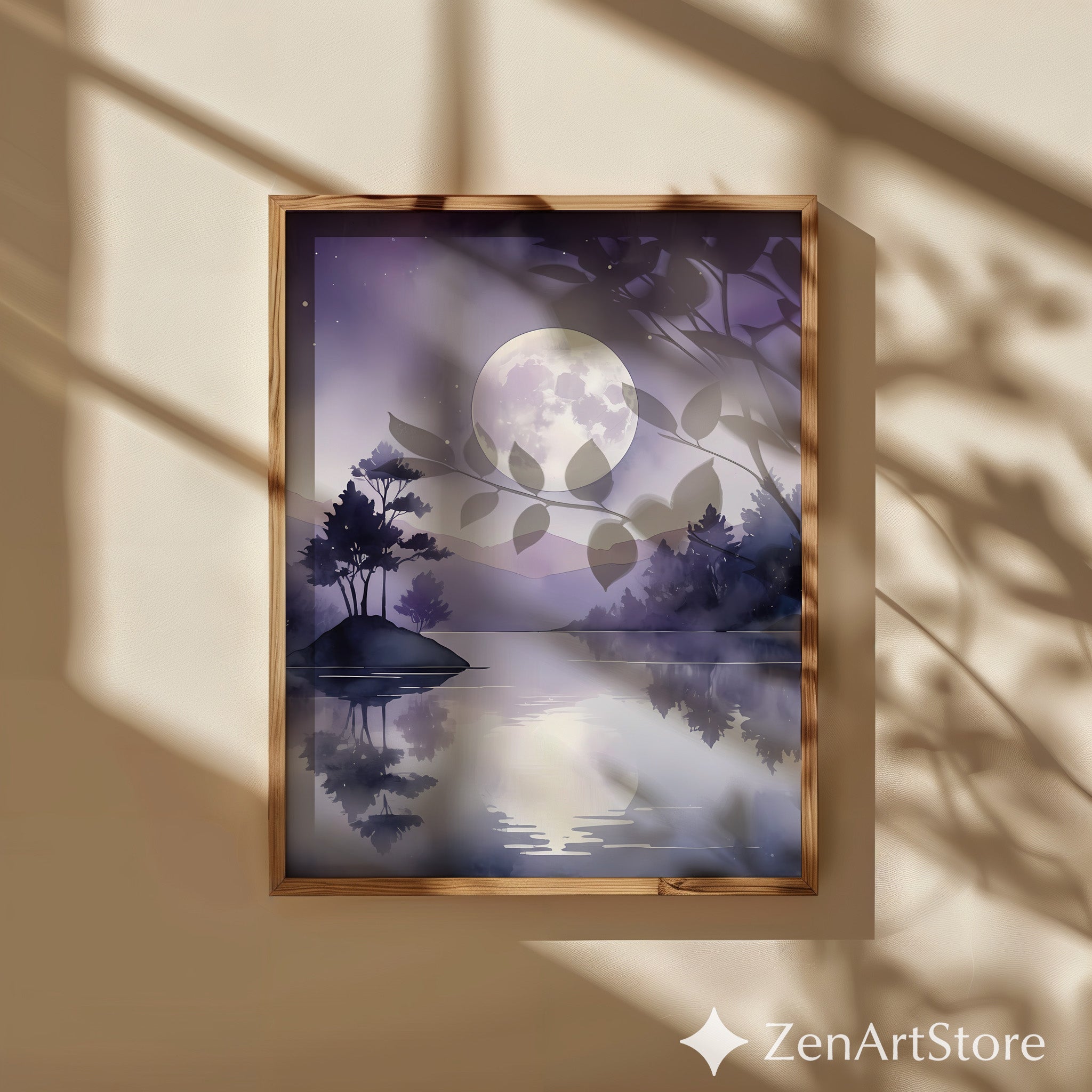 Moonlight Lake Watercolor Print — Purple Minimalist Landscape Wall Art for Bedroom, Zen Japandi Home Decor