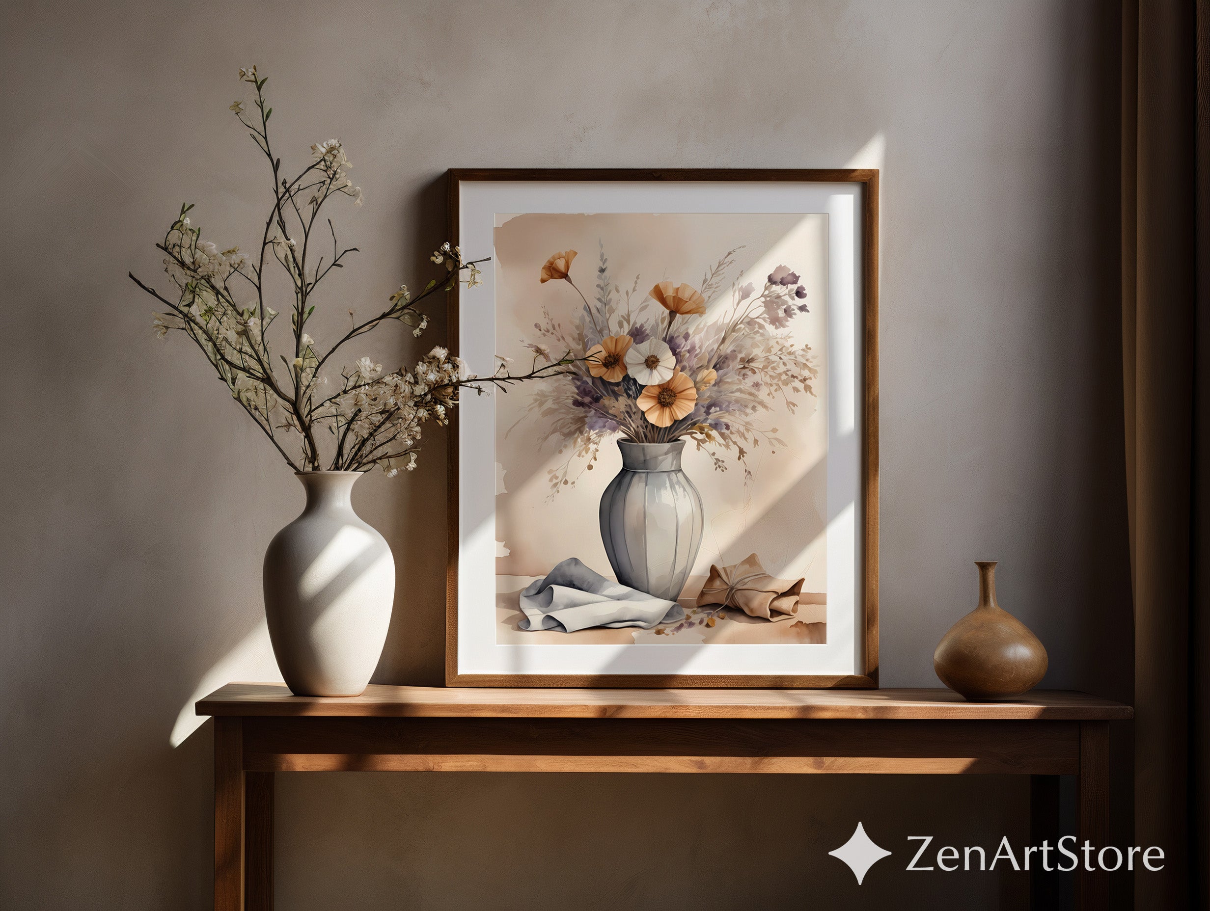 Neutral Floral Wall Art Print - Beige Botanical Watercolor Vase, Japandi Minimal Home Decor, Modern Scandinavian Still Life