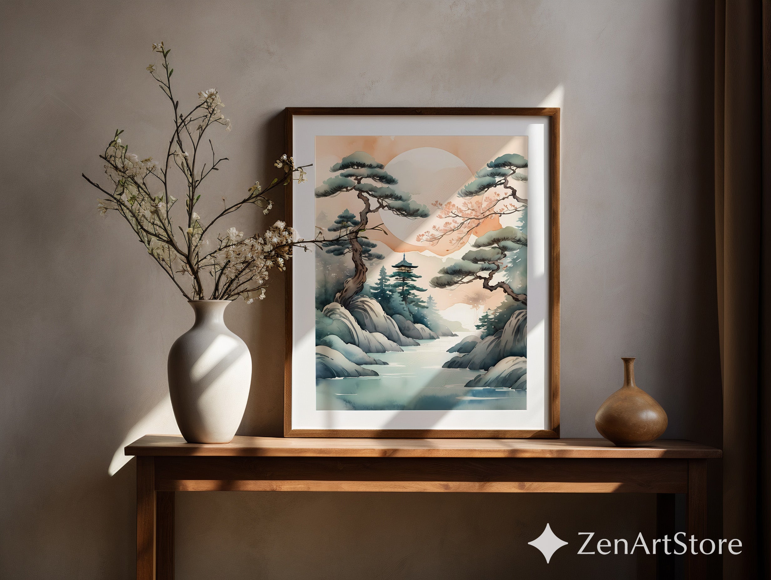 Zen Japanese Landscape Print - Japandi Minimal Wall Art with Pine Trees, Moon & Watercolor Sunrise, Neutral Home Decor