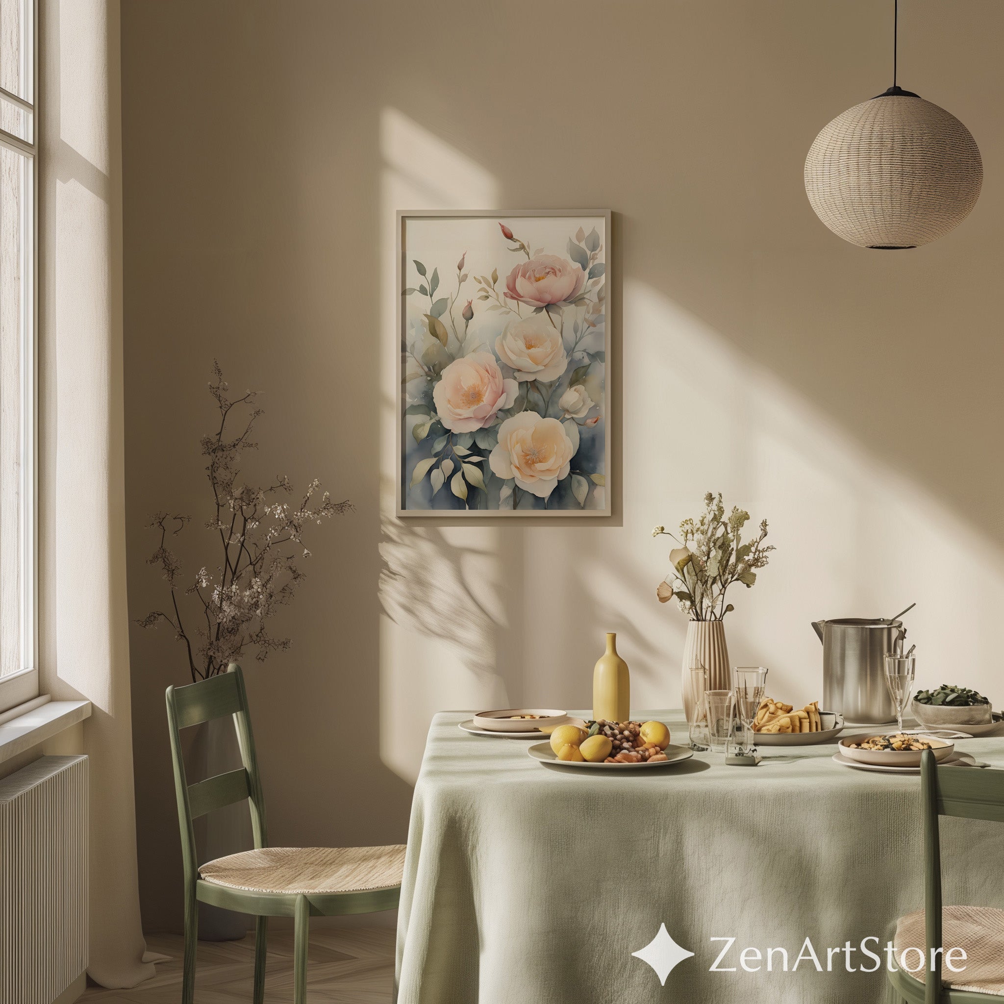 Blush Peony Watercolor Print - Neutral Botanical Wall Art, Japandi Minimal Floral Decor for Living Room & Bedroom