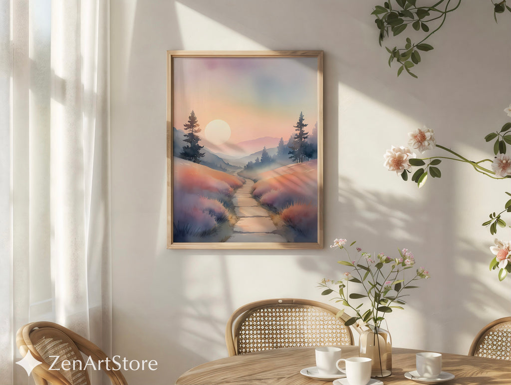 Misty Pastel Sunrise Landscape Print — Serene Pathway Wall Art for Zen, Japandi & Minimal Home Decor