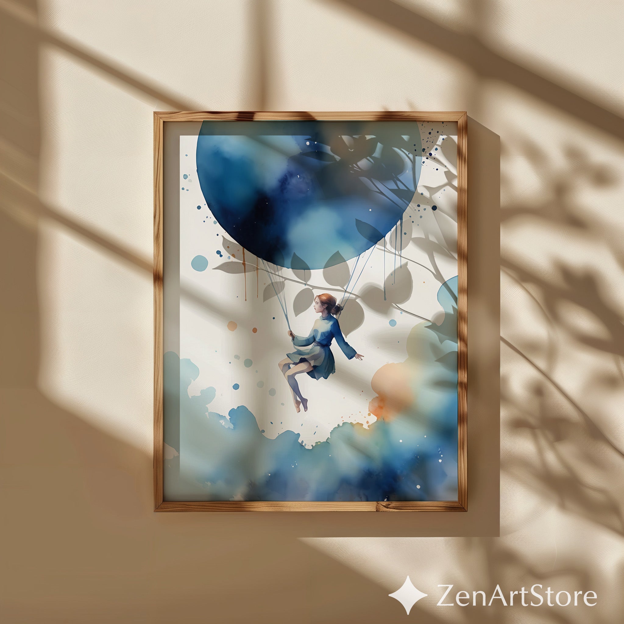 Dreamy Blue Balloon Girl Watercolor Print - Whimsical Minimal Wall Art for Nursery, Bedroom & Living Room