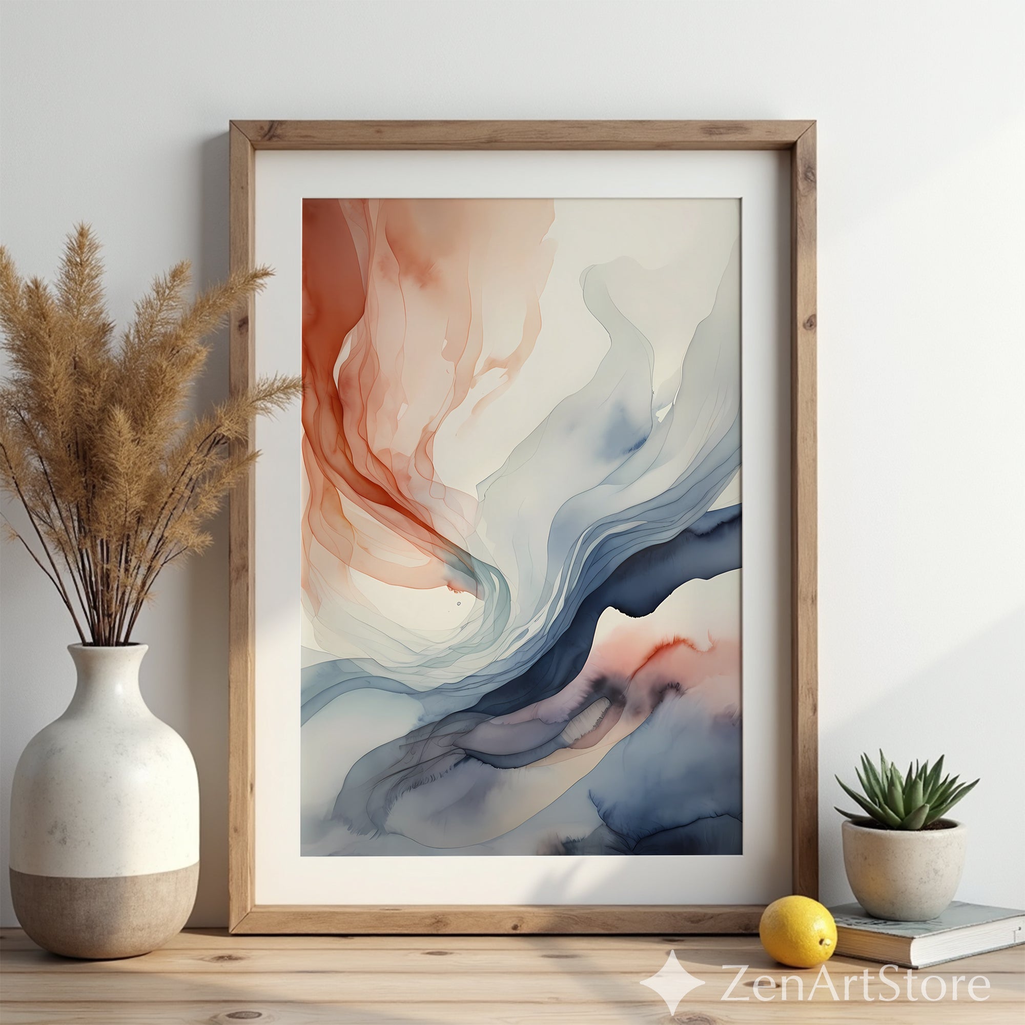 Abstract Fluid Art Print Terracotta and Blue - Minimal Japandi Wall Art, Neutral Modern Home Decor