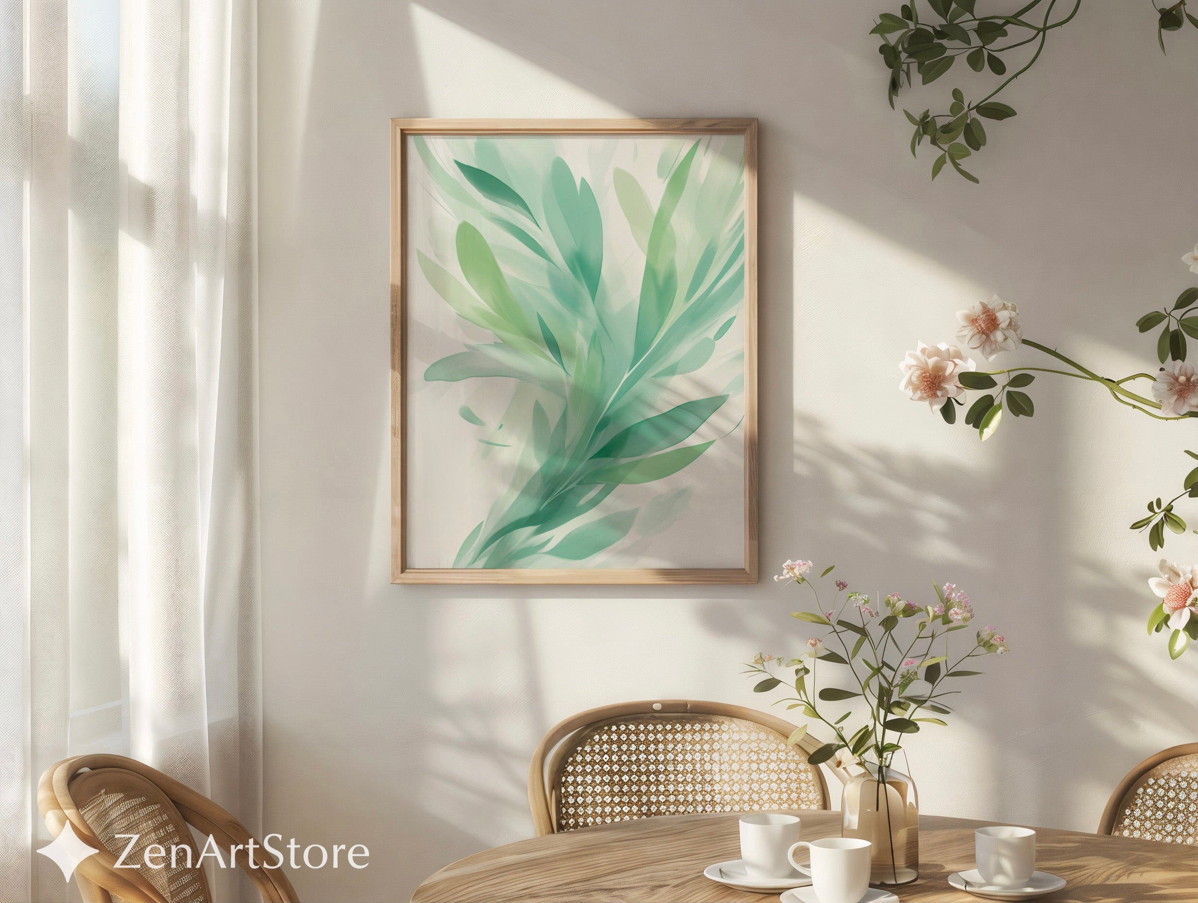Serene Mint Botanical Art Print - Abstract Green Leaf Wall Art, Minimal Modern Home Decor, Zen Japandi Scandinavian Printable