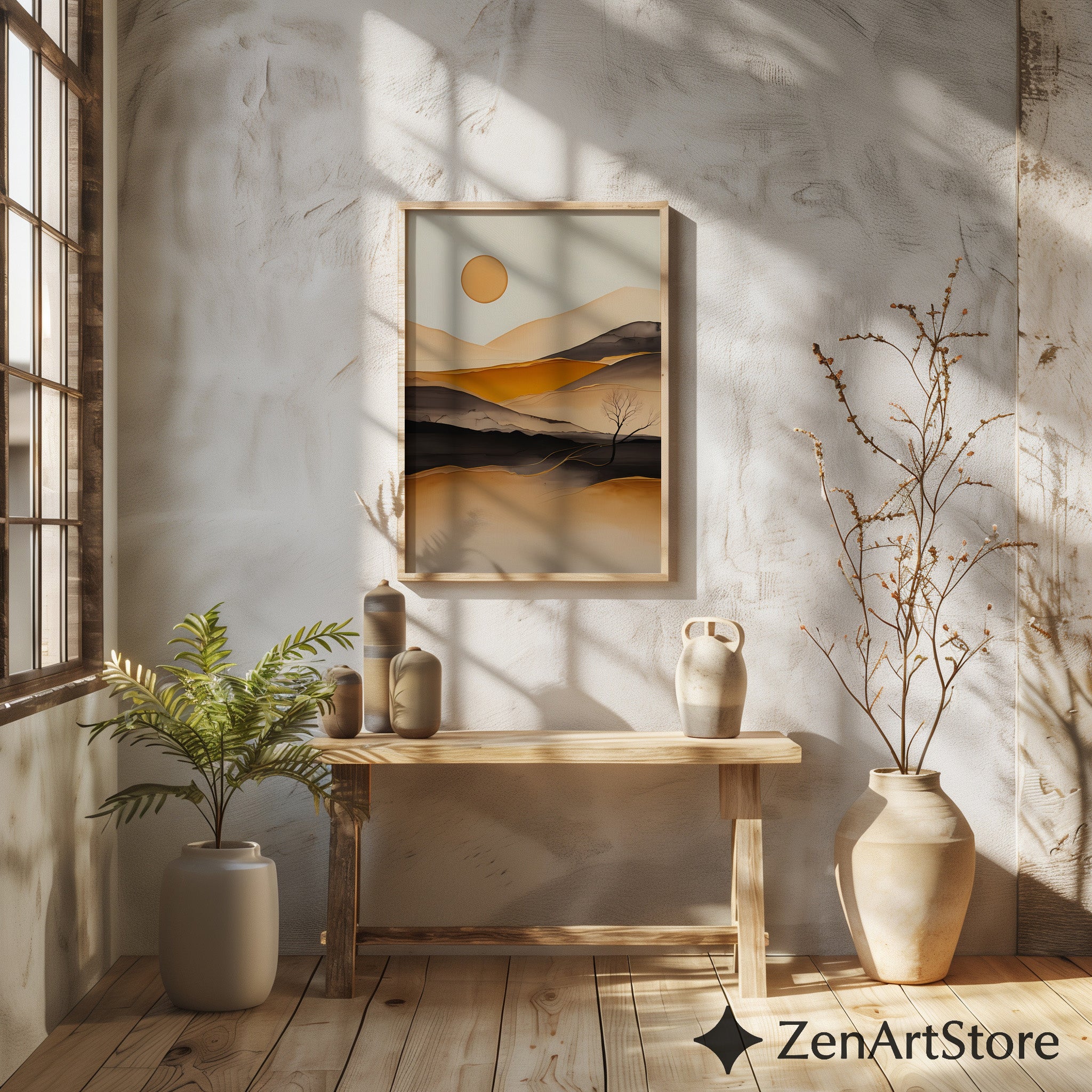 Minimal Abstract Desert Landscape Print - Warm Beige Ochre Modern Wall Art for Living Room, Japandi Scandi Canvas or Digital Download