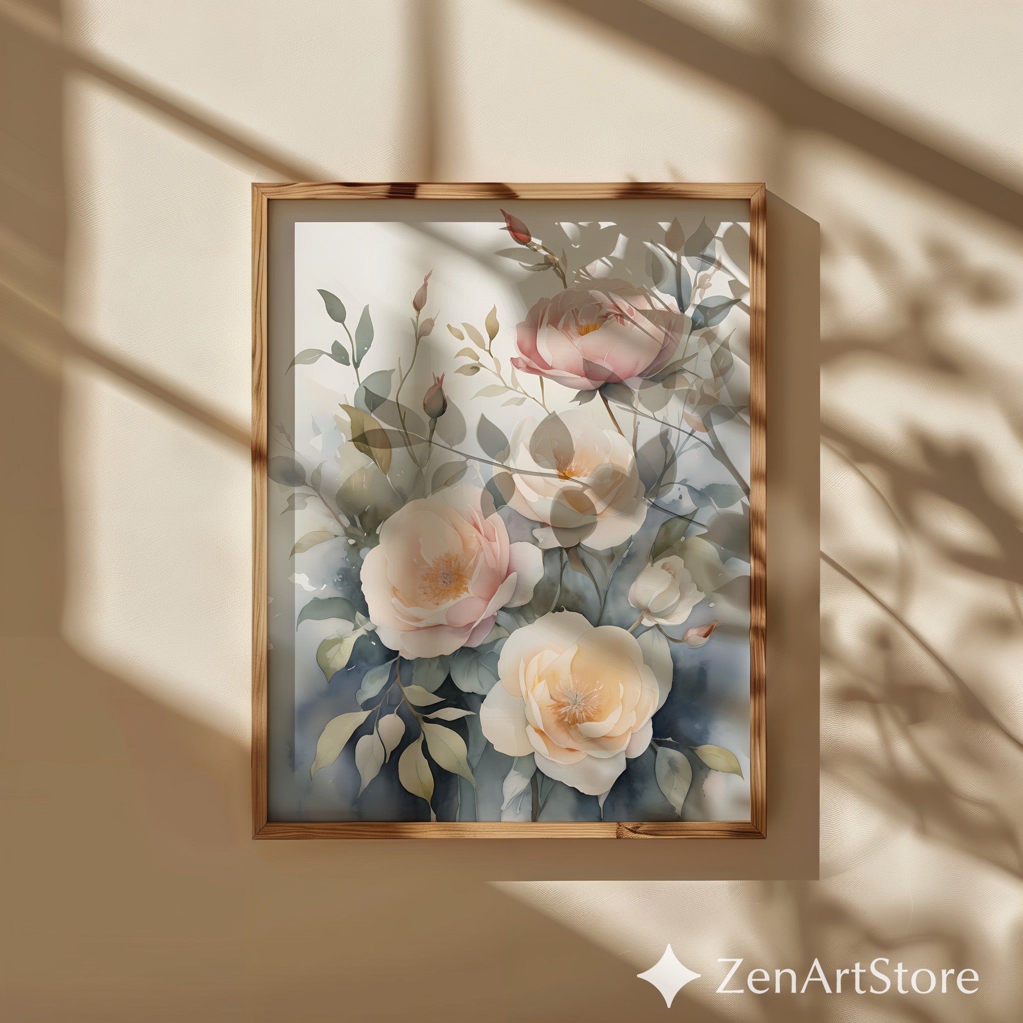 Blush Peony Watercolor Print - Neutral Botanical Wall Art, Japandi Minimal Floral Decor for Living Room & Bedroom