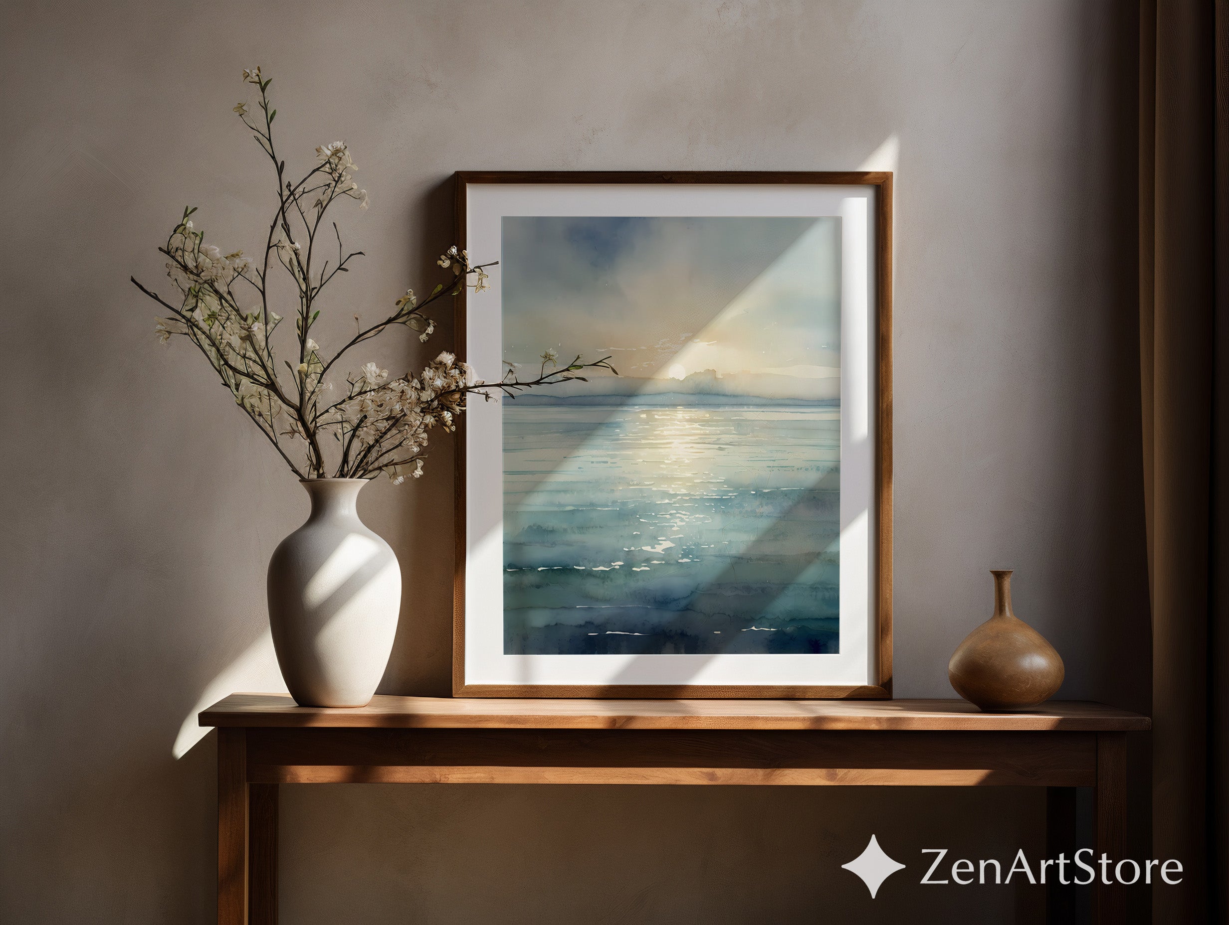 Serene Watercolor Seascape Print - Calm Sunrise Ocean Wall Art, Minimal Coastal Home Decor, Japandi Scandinavian Neutral