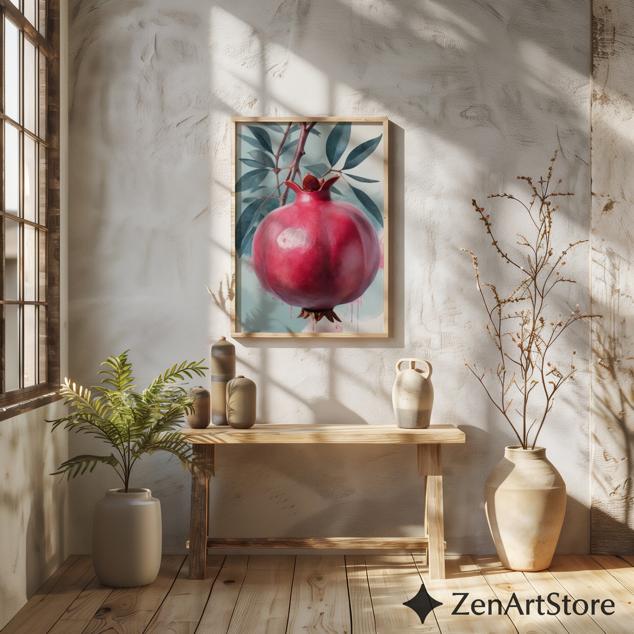 Pomegranate Wall Art Print - Botanical Fruit Still Life, Modern Minimalist Kitchen & Dining Decor, Japandi Wabi Sabi Scandi Style