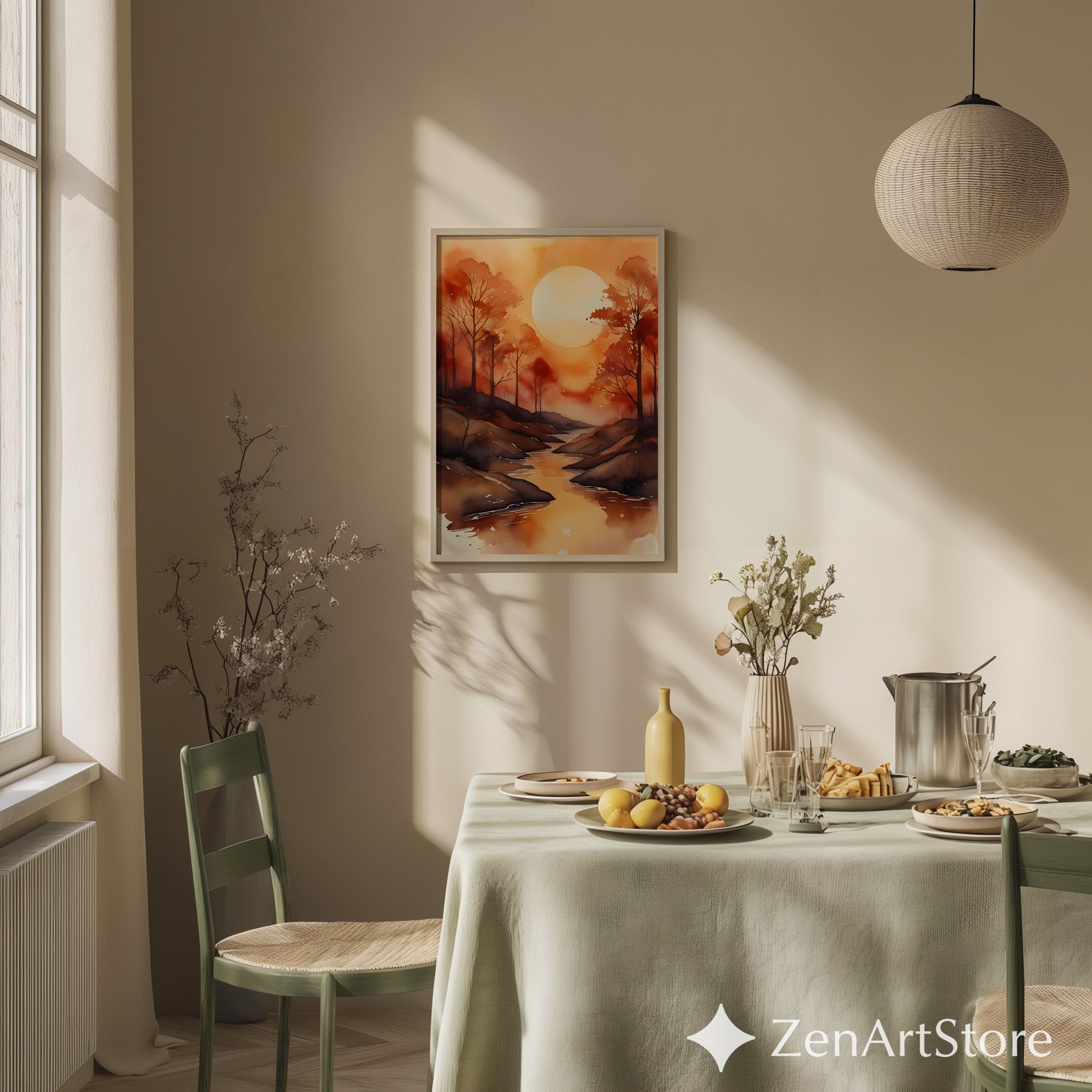 Autumn Watercolor Landscape Print - Orange Sunset River Wall Art, Minimal Boho Japandi Home Decor