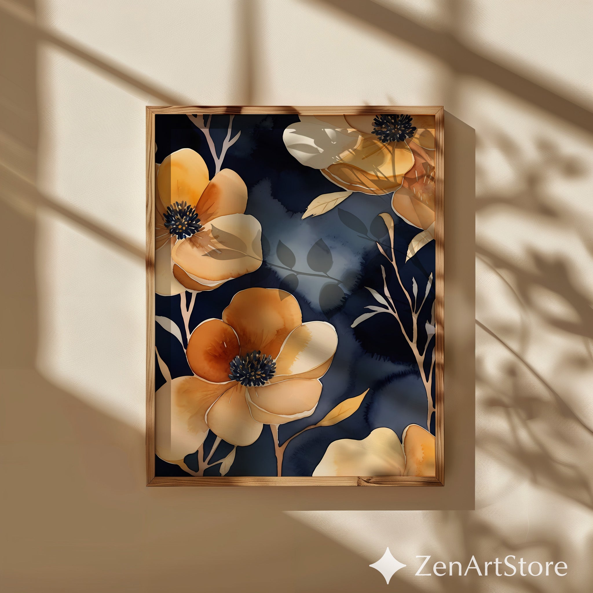 Navy and Gold Floral Wall Art Printable, Modern Botanical Watercolor Canvas, Minimalist Beige Flower Home Decor