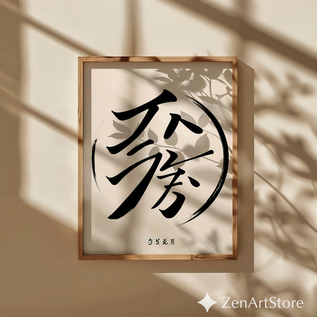 Minimalist Asian Calligraphy Wall Art - Zen Black Brush Stroke on Soft Beige - Japandi Wabi Sabi Modern Poster