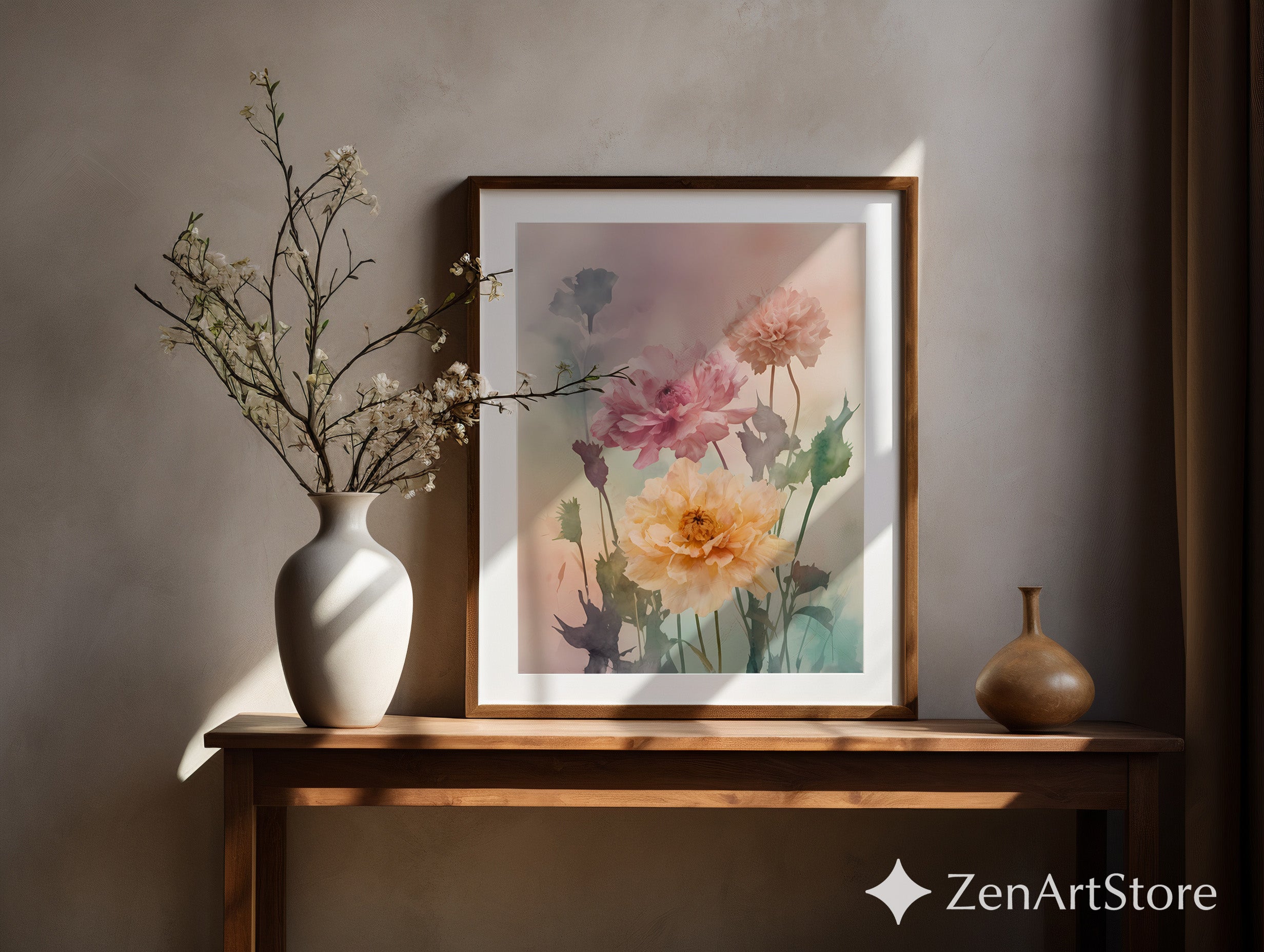 Pastel Peony Watercolor Print - Botanical Wall Art for Living Room, Japandi Scandinavian Minimal Neutral Floral Home Decor