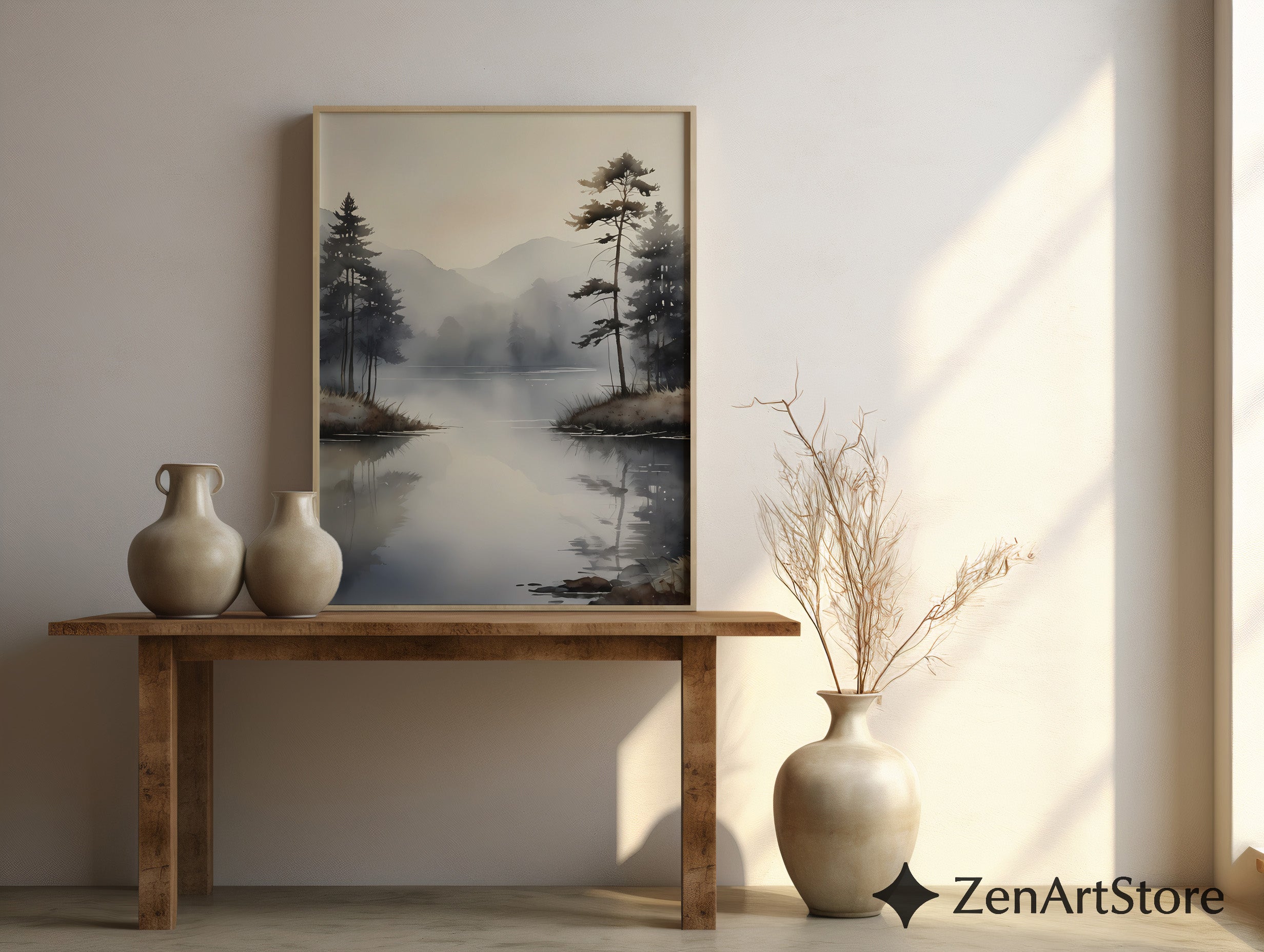 Misty Lake Minimalist Wall Art - Neutral Japandi Landscape Print, Calm Scandinavian Zen Decor for Living Room, Bedroom & Office