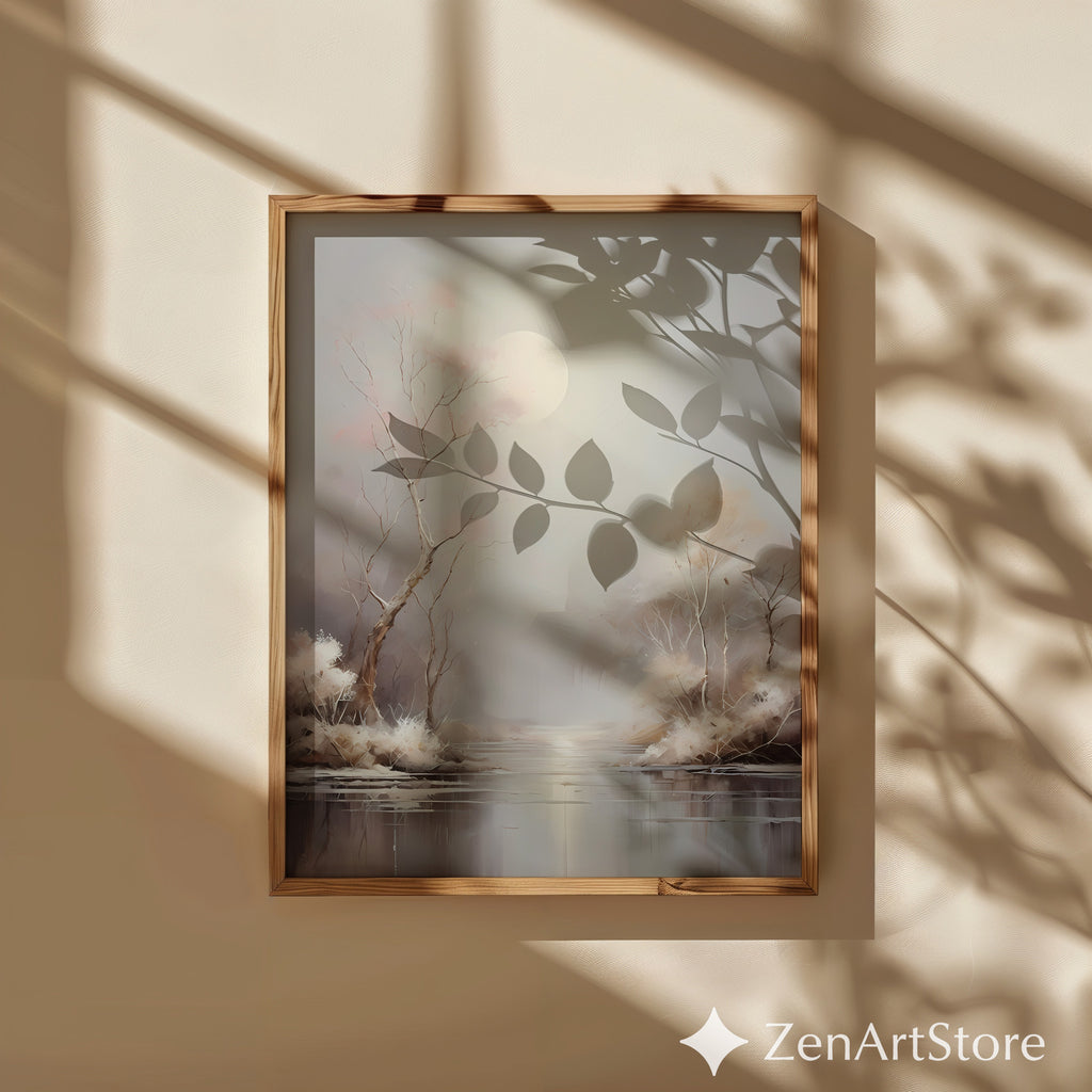 Moonlit Minimal Landscape Art Print - Japandi Neutral Wall Decor, Calming Beige & Blush Tree Canvas for Living Room or Bedroom