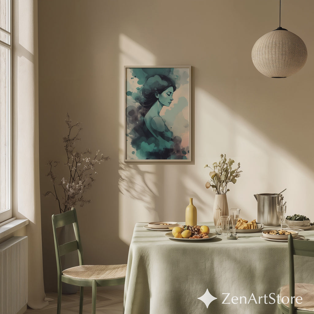 Dreamy Teal Woman Abstract Portrait Art Print - Calm Minimal Wall Art for Bedroom, Living Room, Japandi & Scandinavian Decor