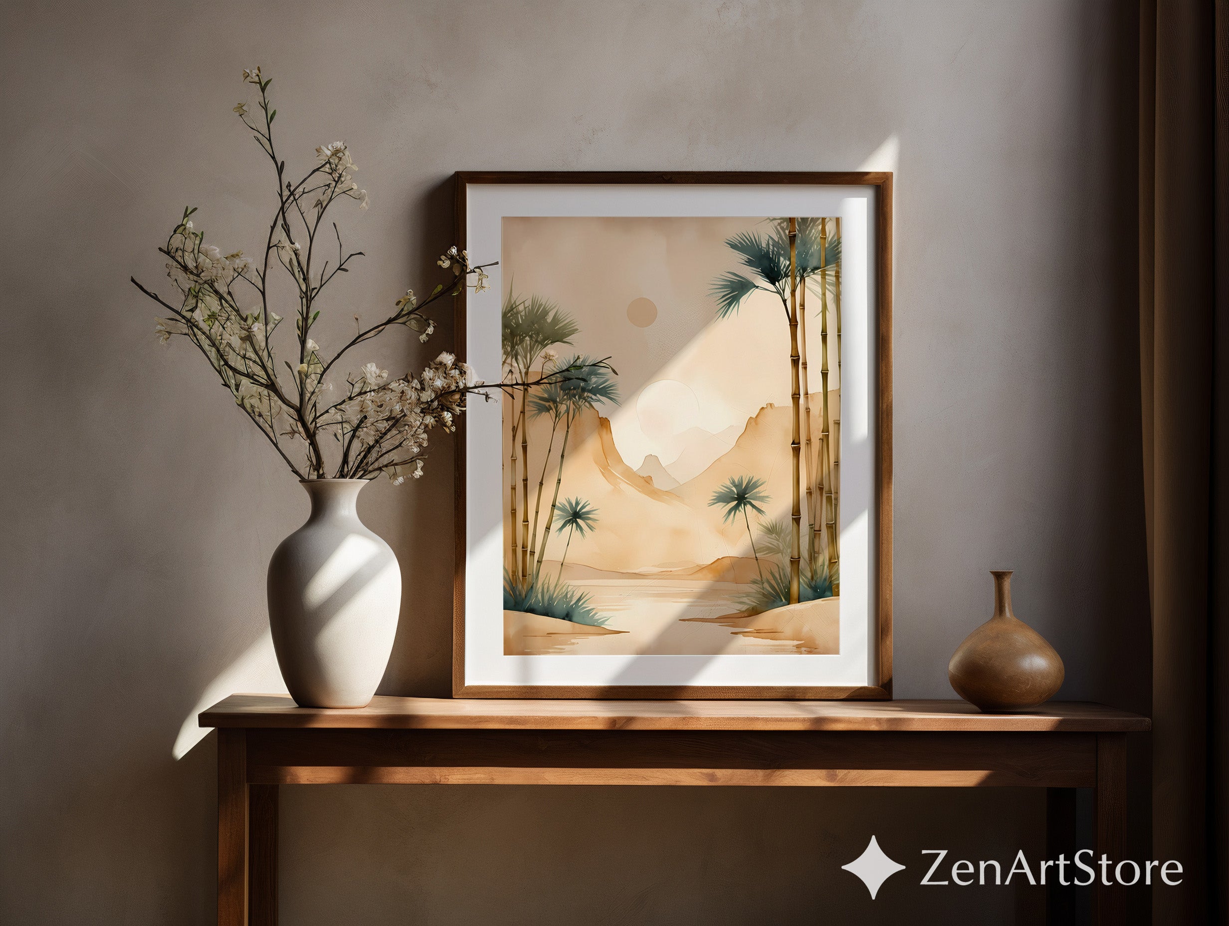 Neutral Bamboo Landscape Wall Art - Japandi Zen Minimalist Watercolor Palm & Mountain Print for Home Decor