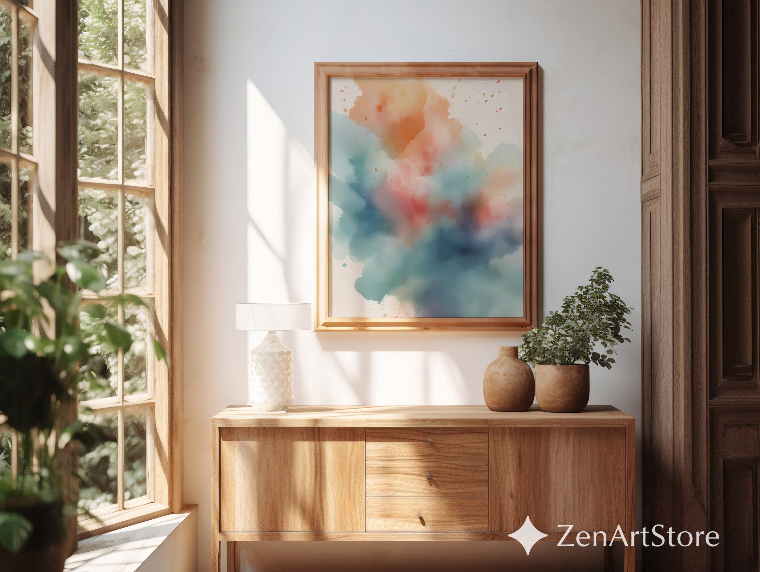 Soft Watercolor Abstract Wall Art - Neutral Blue & Coral Print for Modern Minimal Japandi Home Decor