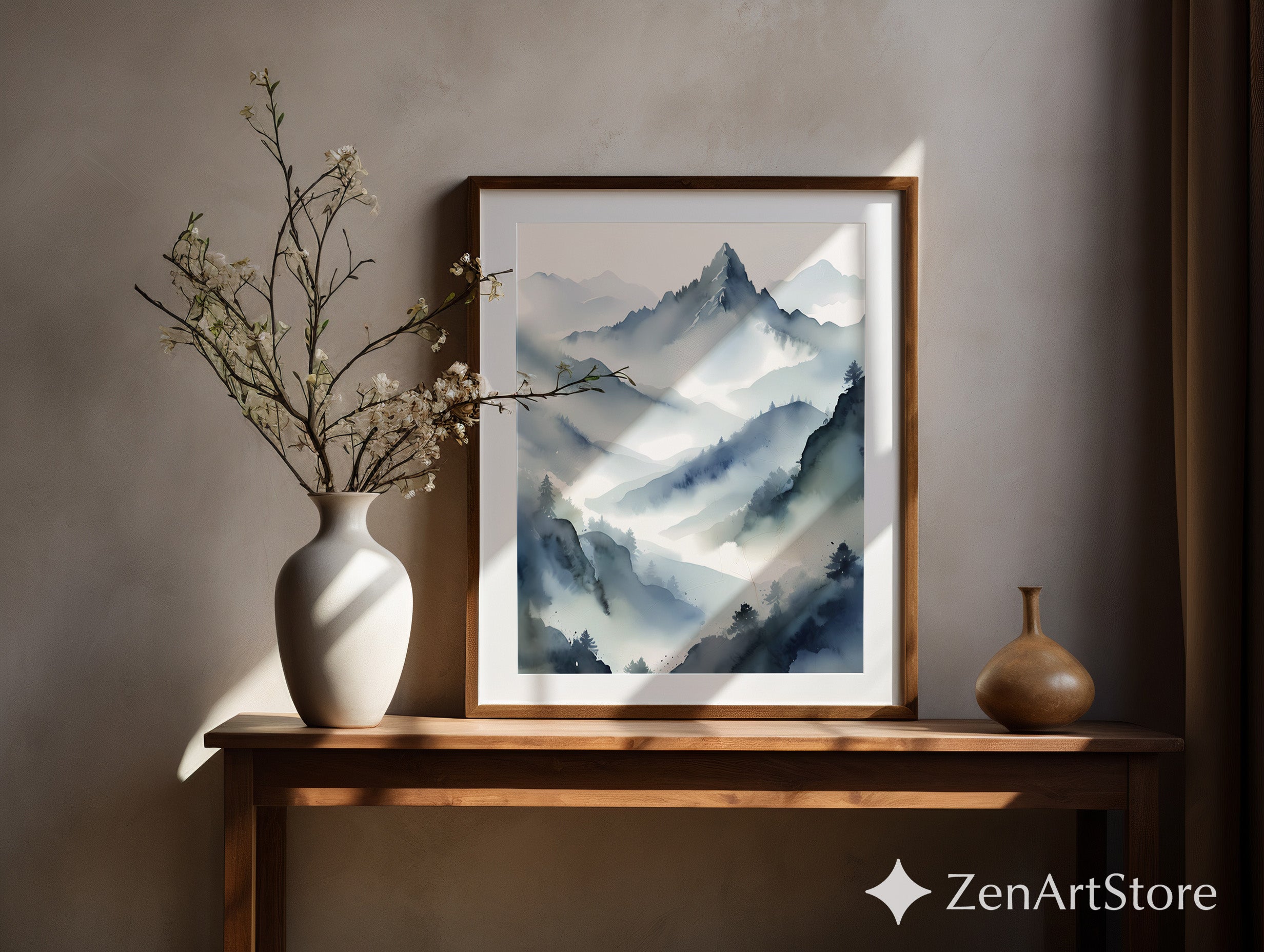 Misty Mountain Watercolor Print - Zen Japandi Minimal Landscape Wall Art, Neutral Blue Gray Home Decor