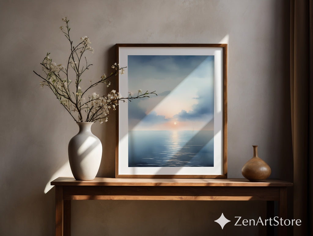 Serene Seascape Sunrise Wall Art - Minimal Ocean Print in Blue & Peach, Zen Japandi Coastal Canvas or Printable