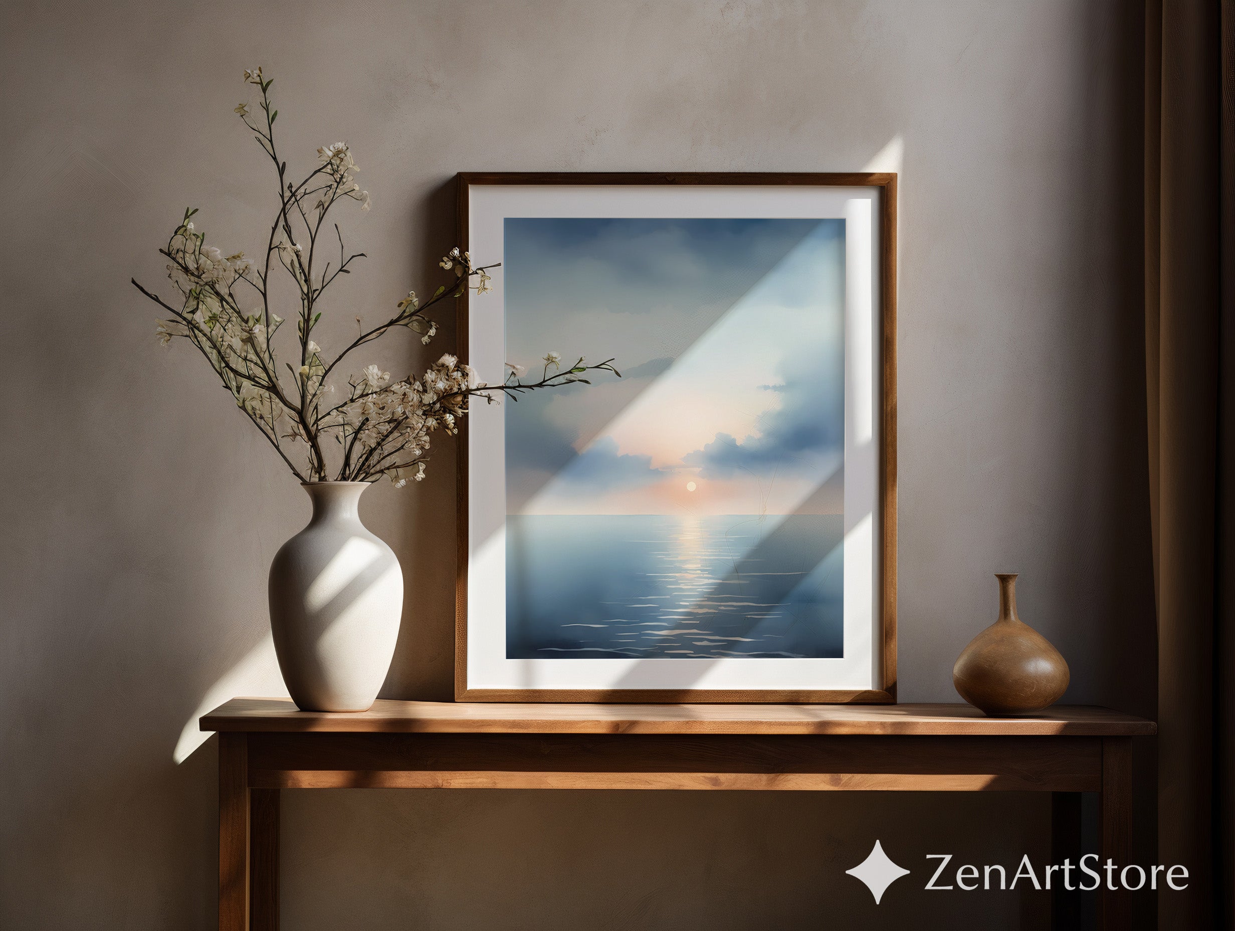 Serene Seascape Sunrise Wall Art - Minimal Ocean Print in Blue & Peach, Zen Japandi Coastal Canvas or Printable