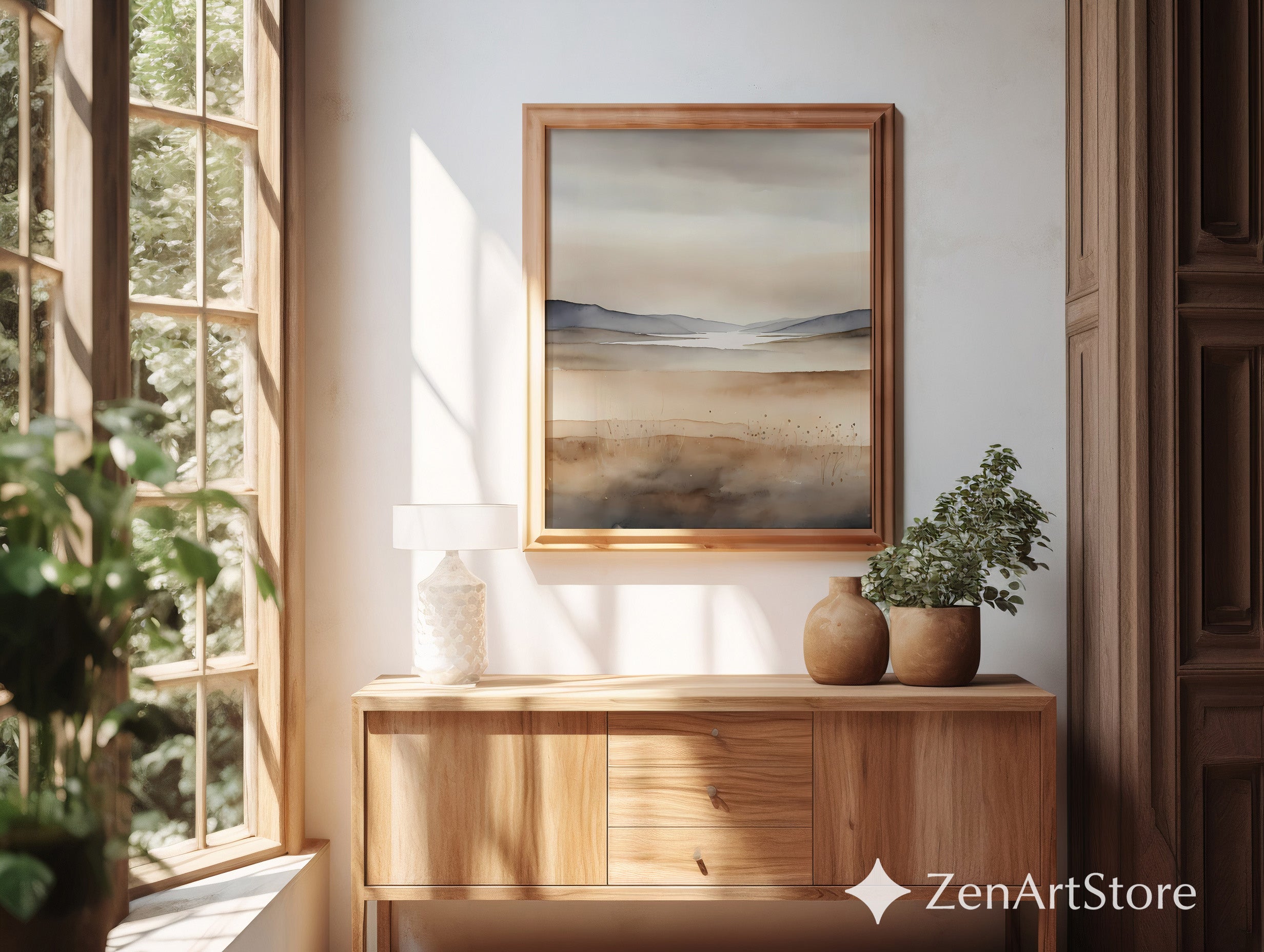 Neutral Watercolor Landscape Print - Minimal Beige & Gray Wall Art for Living Room, Japandi Scandinavian Home Decor