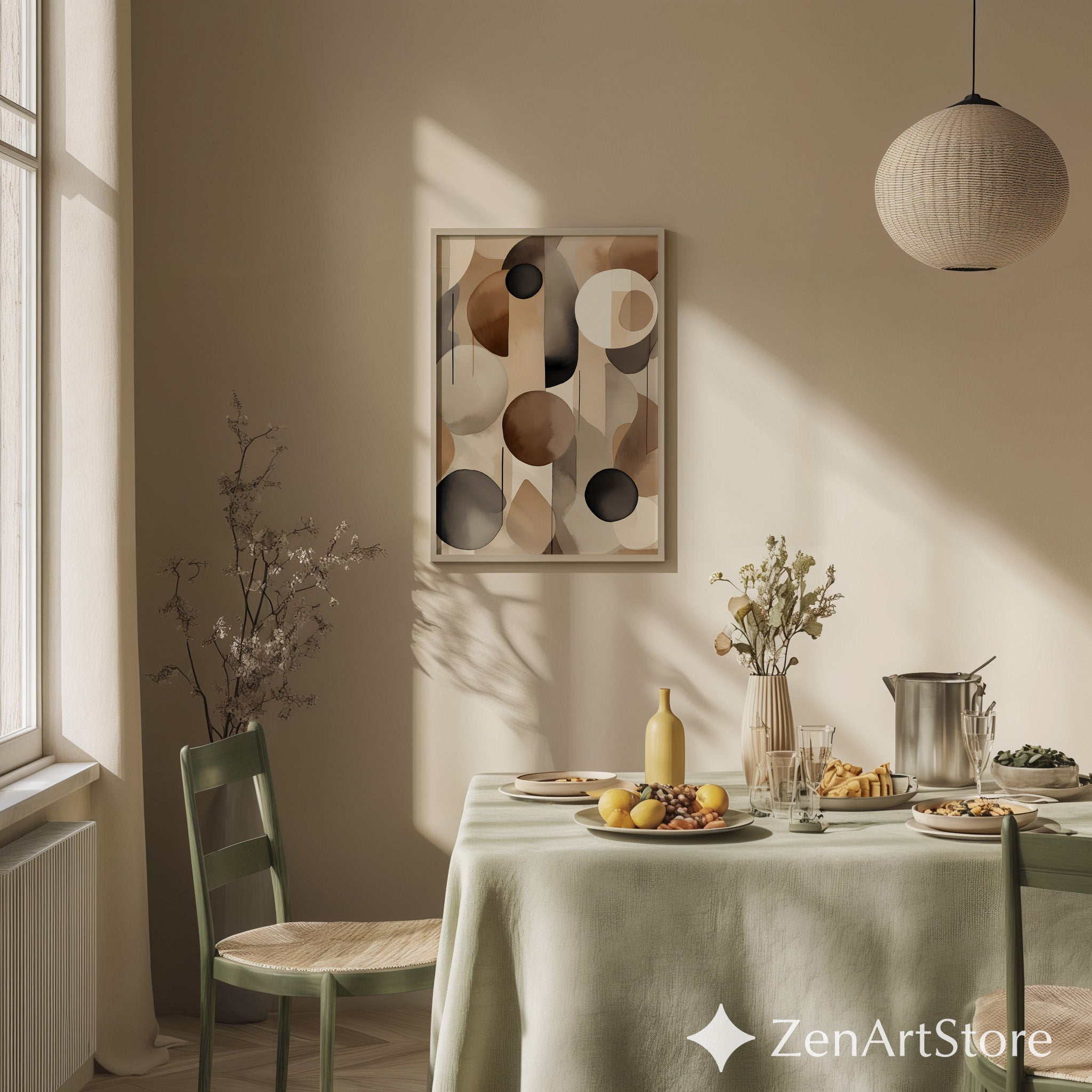 Neutral Abstract Wall Art Print - Brown Beige Black Minimal Geometric Watercolor for Japandi Scandinavian Home Decor