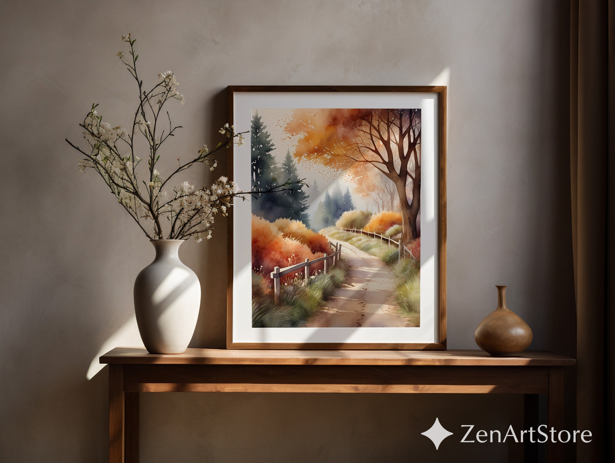 Autumn Path Watercolor Print - Fall Landscape Wall Art for Cozy Rustic, Japandi & Boho Home Decor