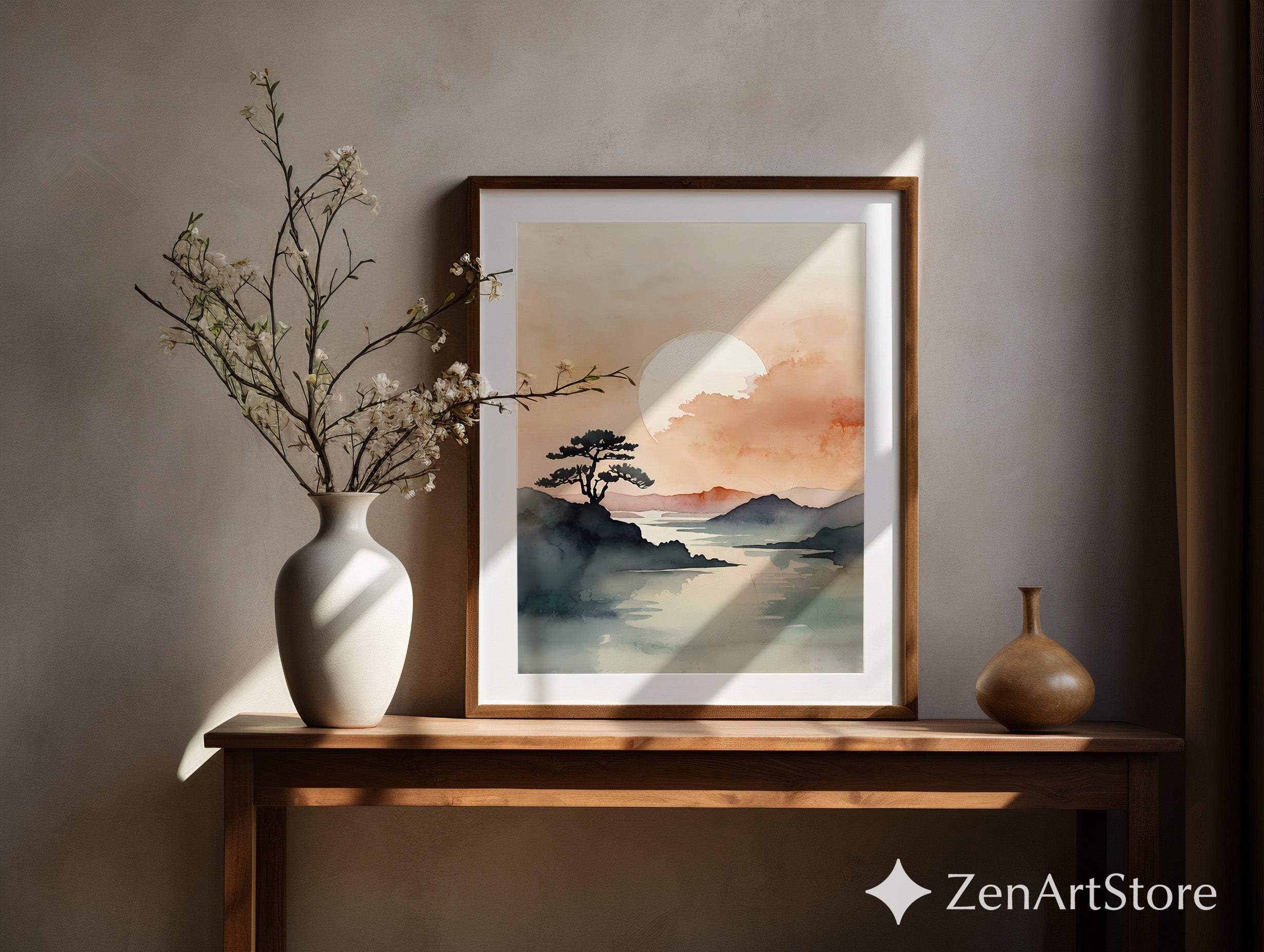 Zen Watercolor Landscape Print - Minimal Japandi Sunset Moon Wall Art, Calming Neutral Home Decor