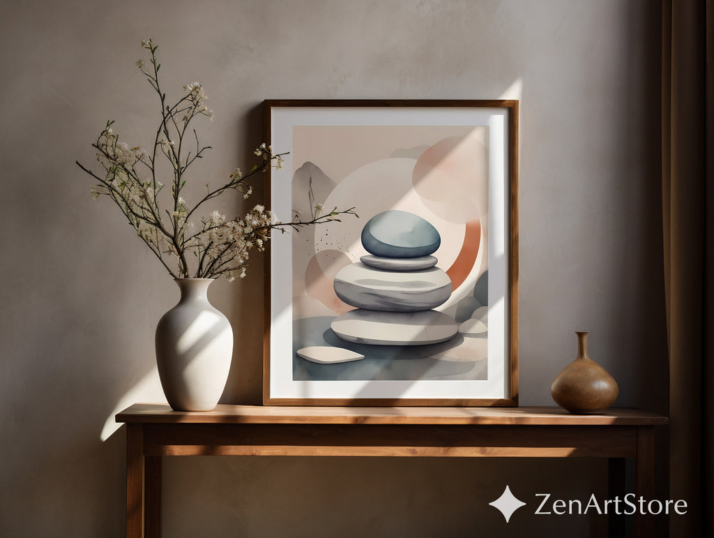 Zen Stone Stack Wall Art - Minimal Japandi Neutral Abstract Print for Living Room, Bedroom, Spa Decor