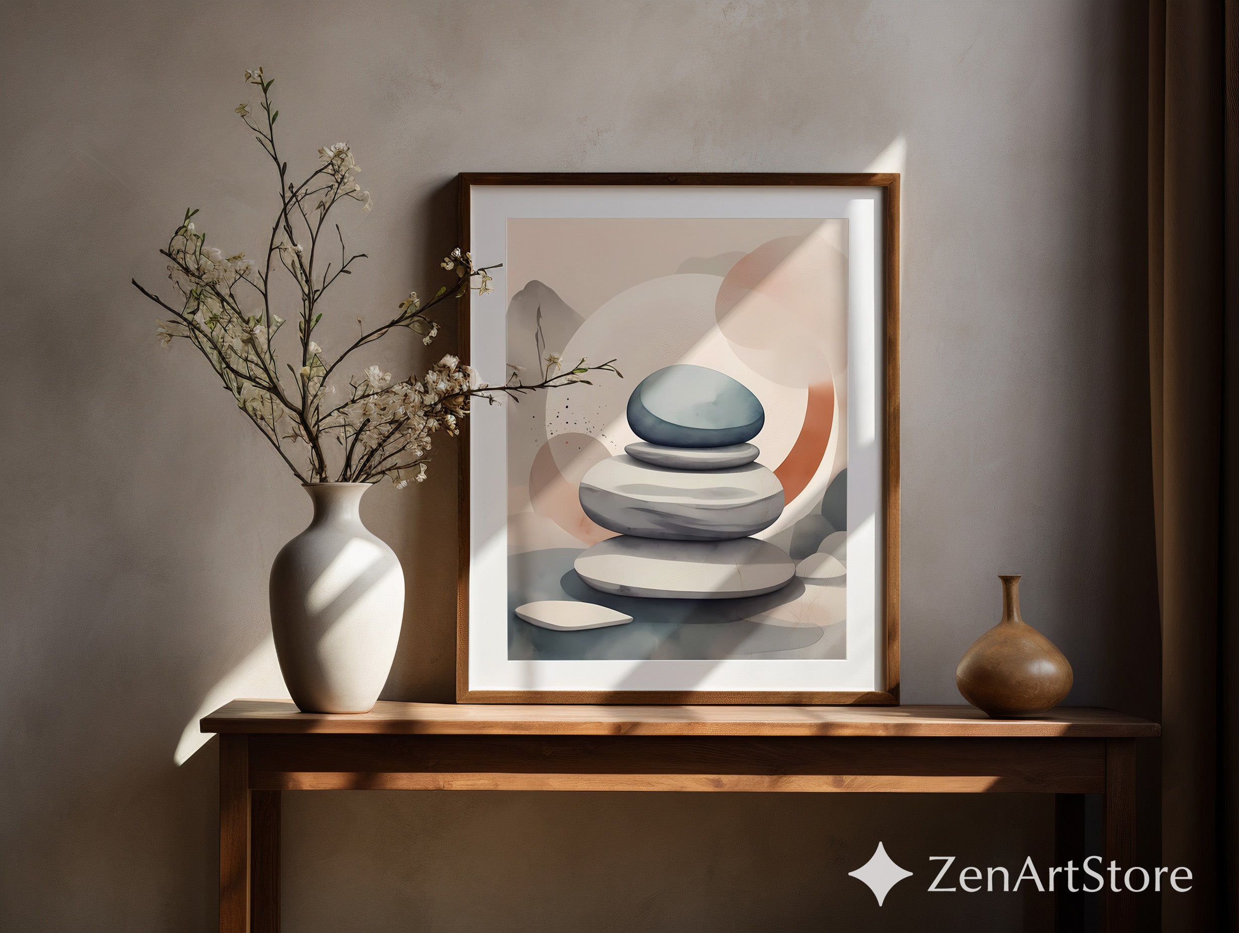 Zen Stone Stack Wall Art - Minimal Japandi Neutral Abstract Print for Living Room, Bedroom, Spa Decor