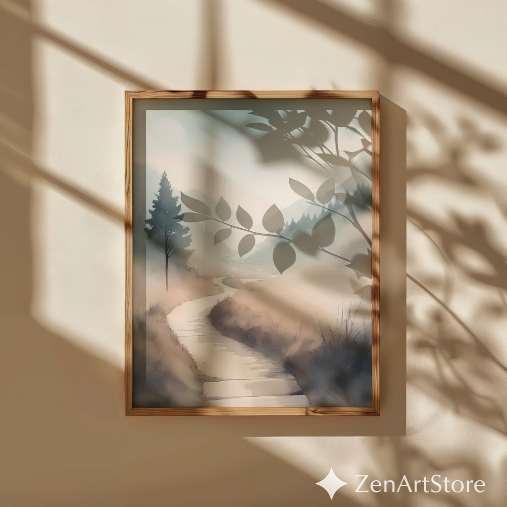 Misty Valley Path Print — Neutral Minimal Landscape Art for Japandi, Wabi Sabi Home Decor
