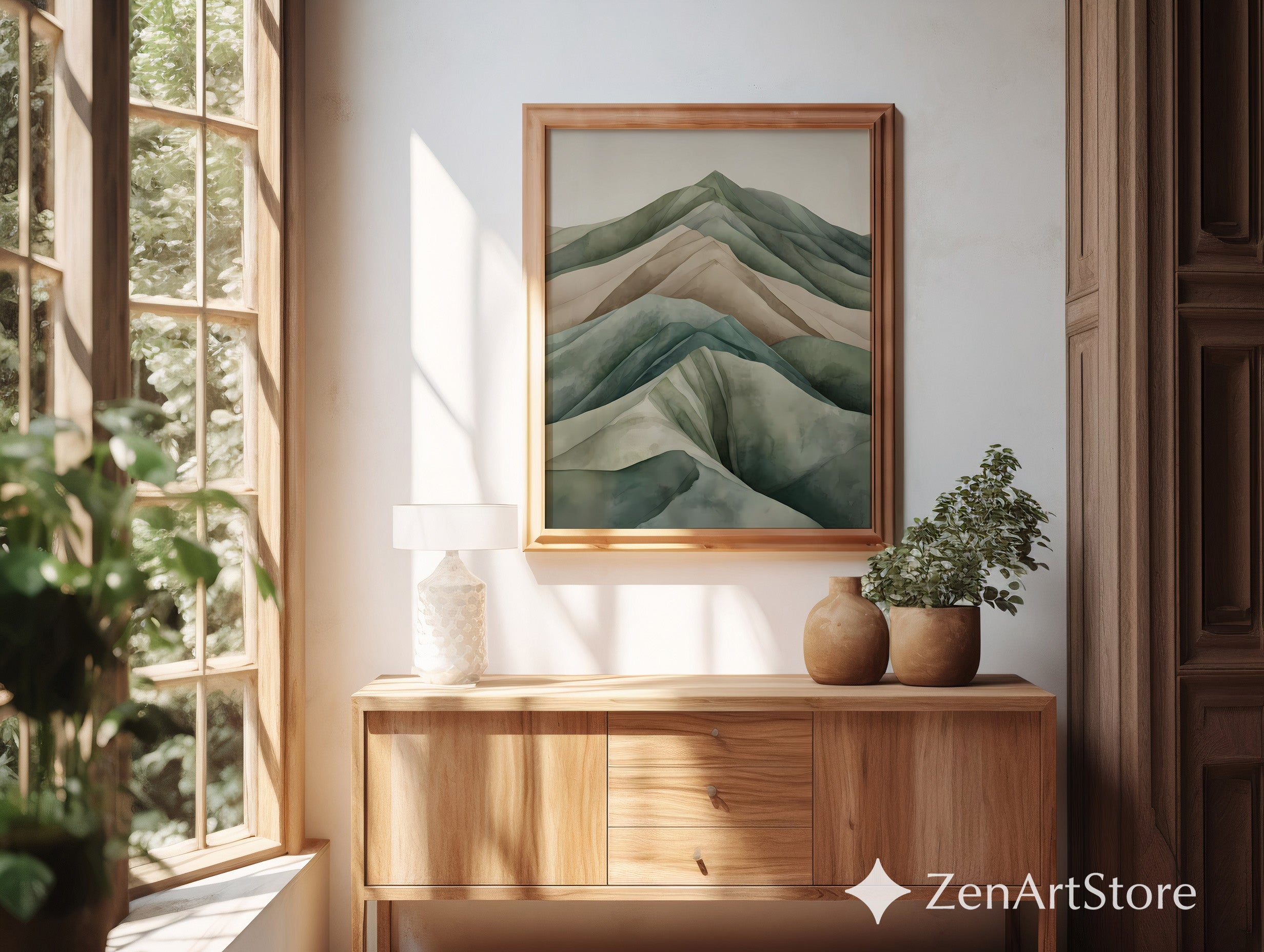 Calm Minimal Mountain Wall Art - Neutral Watercolor Landscape Print | Japandi Wabi Sabi Green Beige Modern Home Decor