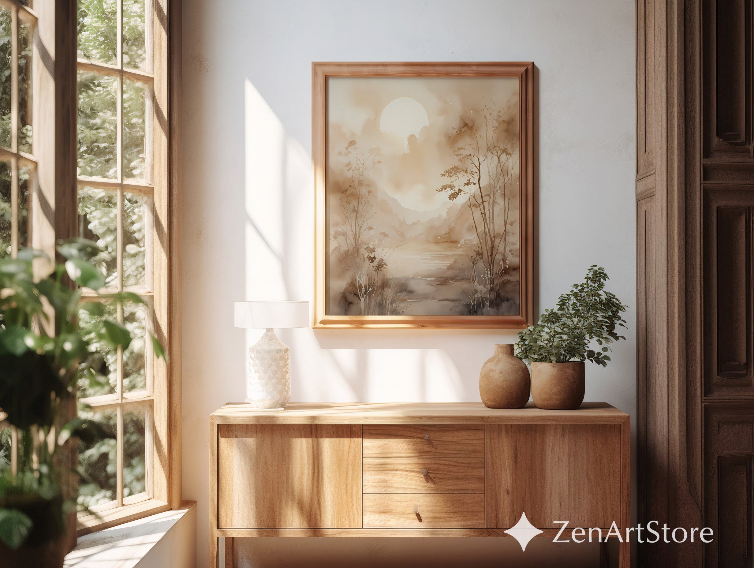 Serene Sepia Sunrise Watercolor Landscape Print - Minimal Neutral Wall Art for Living Room, Bedroom, Japandi Decor