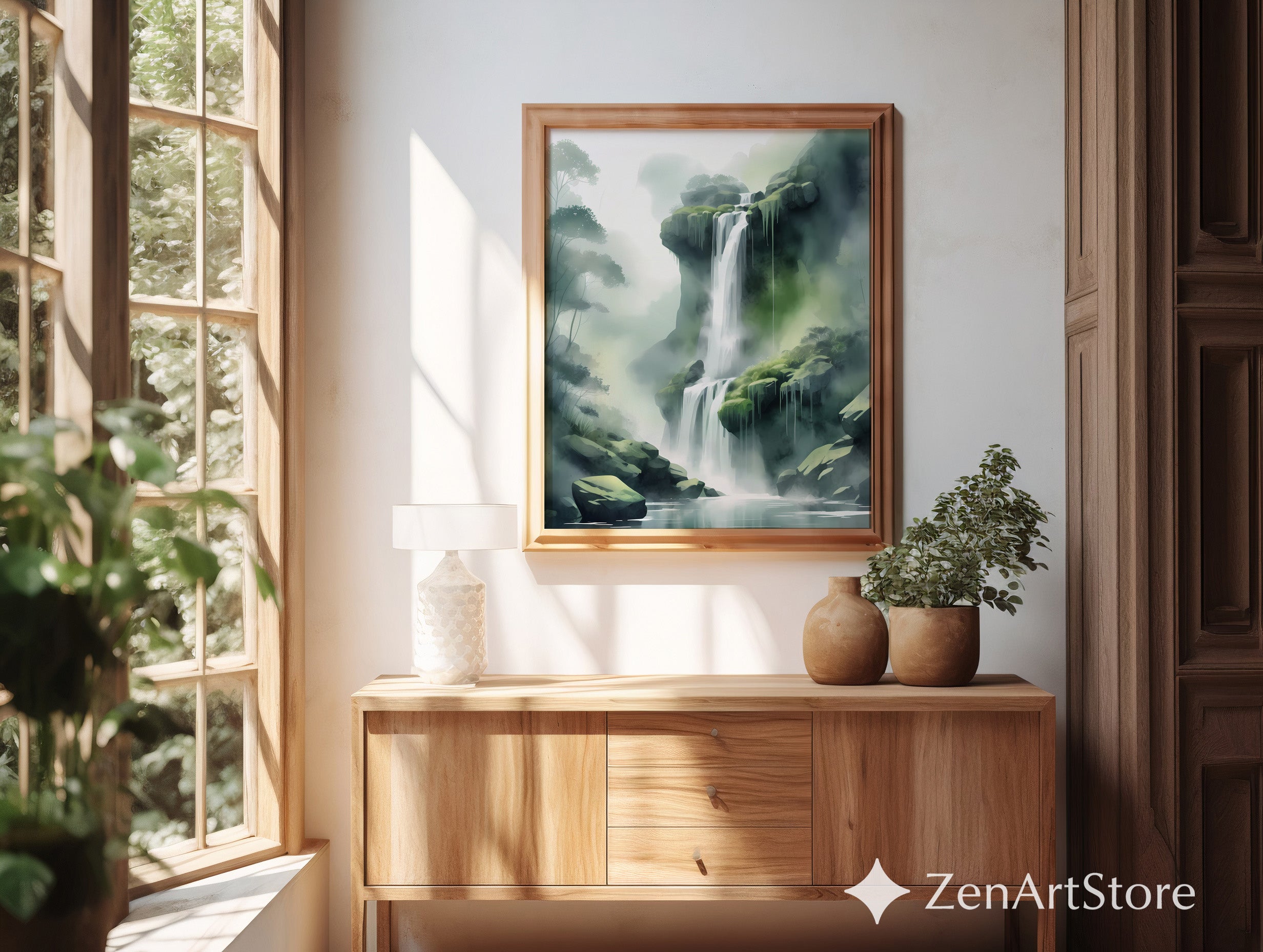 Misty Waterfall Wall Art Print – Zen Green Landscape for Living Room, Japandi Minimalist Nature Canvas