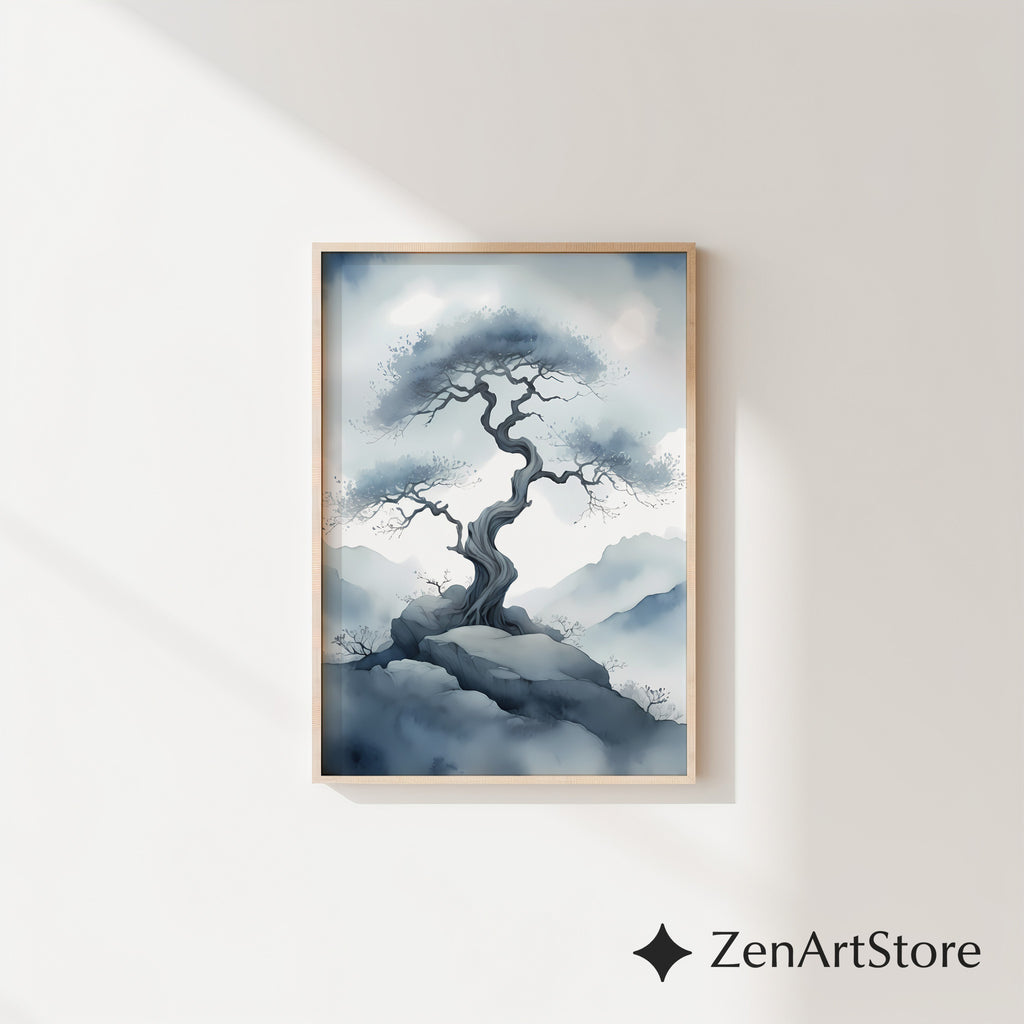 Misty Bonsai Tree Wall Art – Minimal Zen Landscape Print, Japandi Neutral Canvas or Printable for Living Room