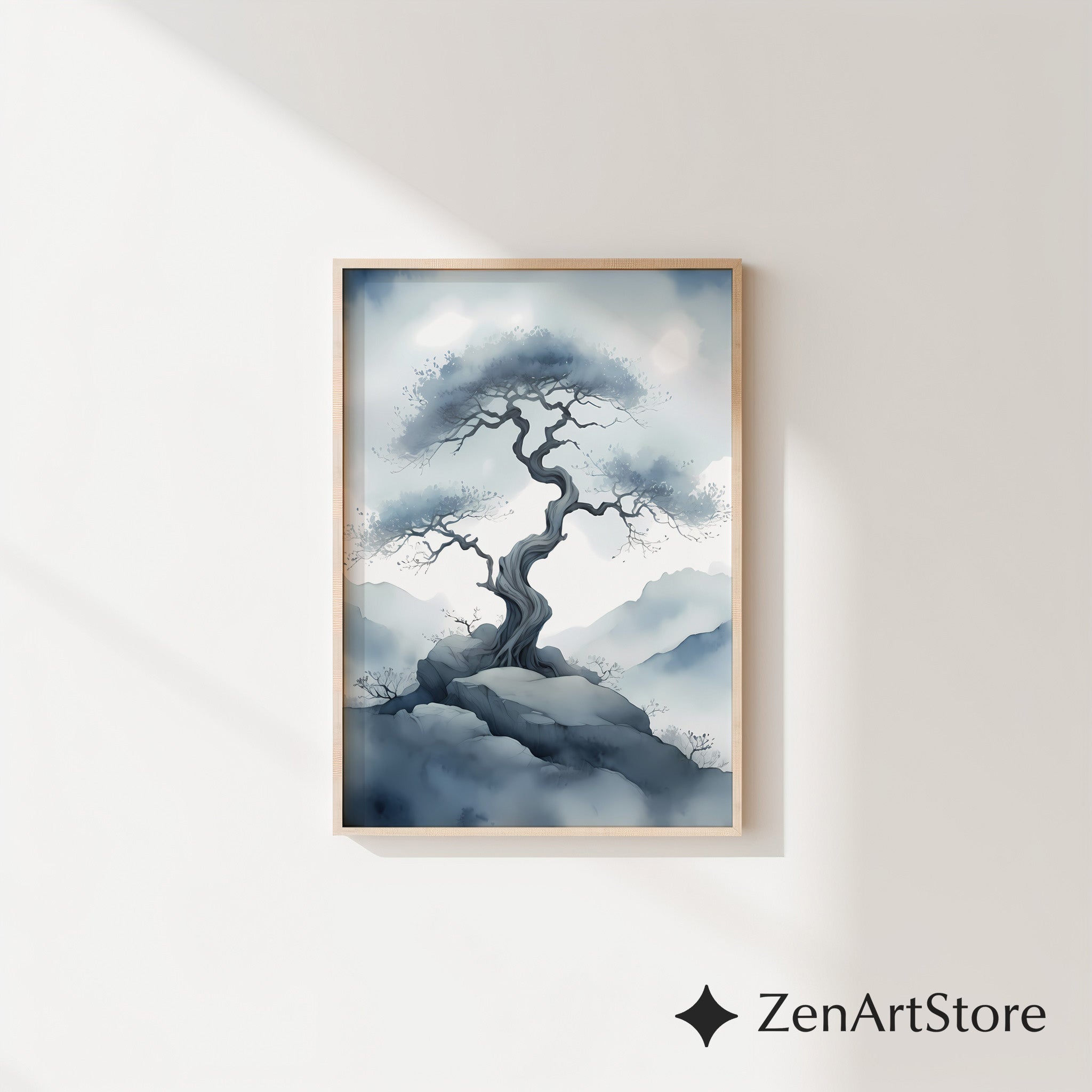 Misty Bonsai Tree Wall Art – Minimal Zen Landscape Print, Japandi Neutral Canvas or Printable for Living Room